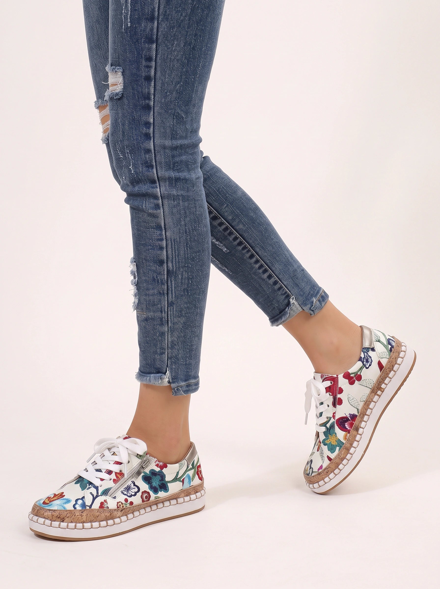 Floramille Embroidered Lace-Up Sneakers – Women Casual Sneaker Espadrille Platform Boho Floral Embroidered Sneakers