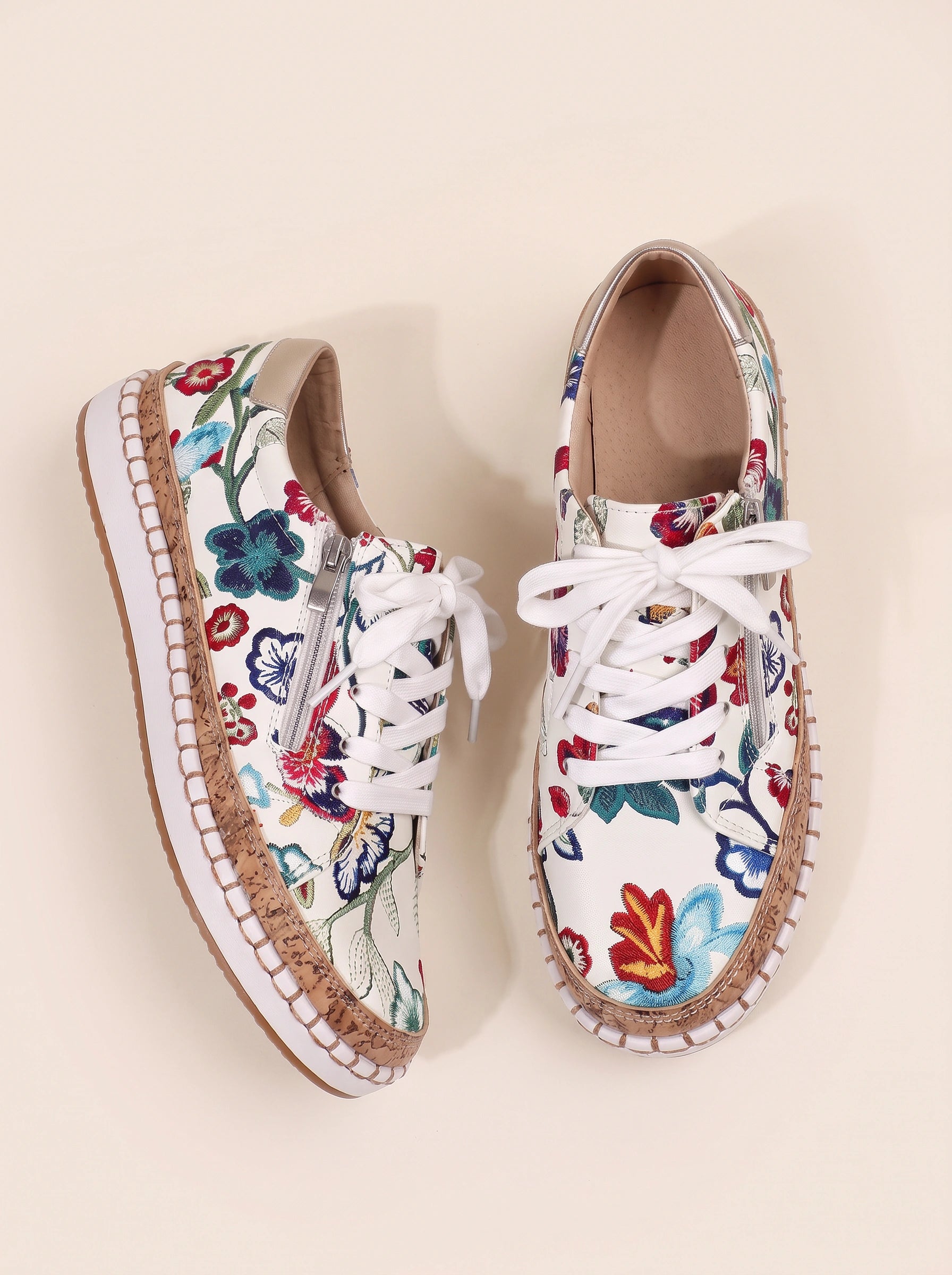 Floramille Embroidered Lace-Up Sneakers – Women Casual Sneaker Espadrille Platform Boho Floral Embroidered Sneakers