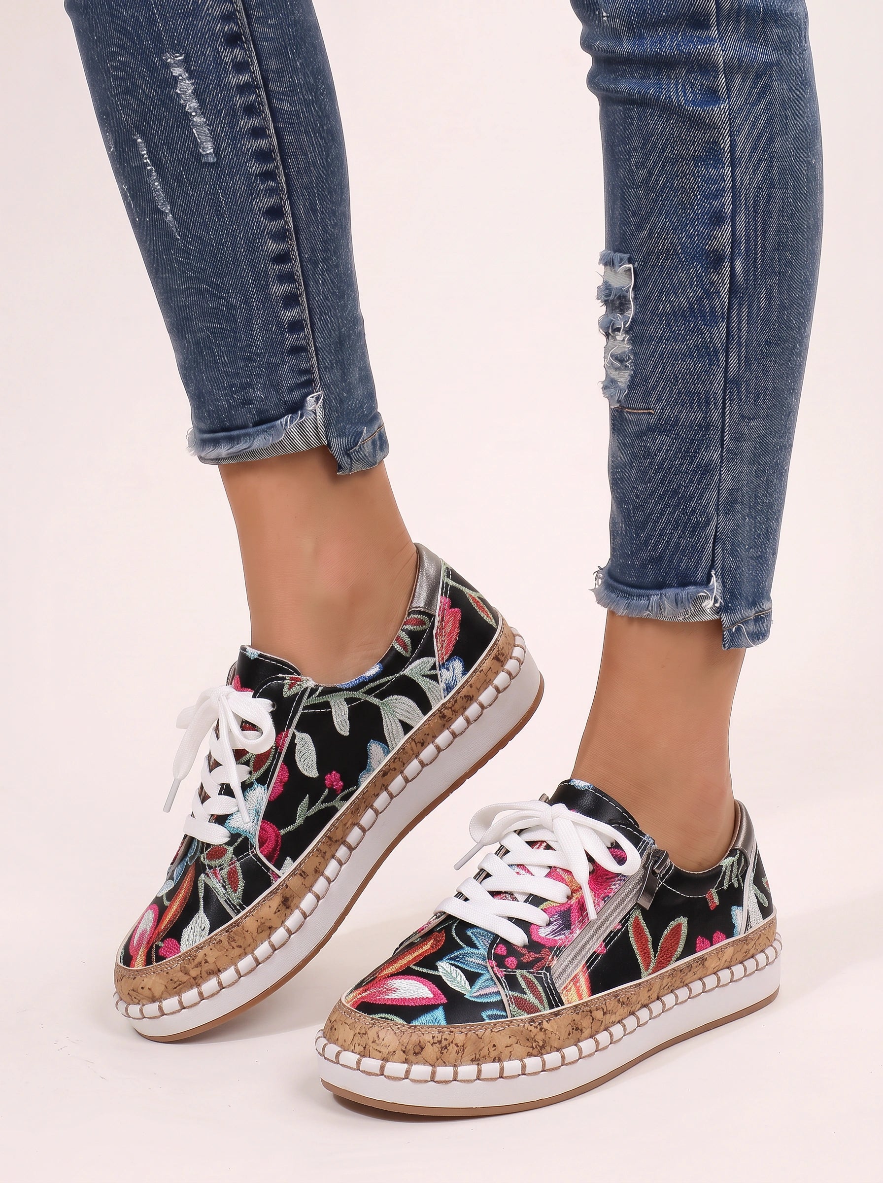 Floramille Embroidered Lace-Up Sneakers – Women Casual Sneaker Espadrille Platform Boho Floral Embroidered Sneakers
