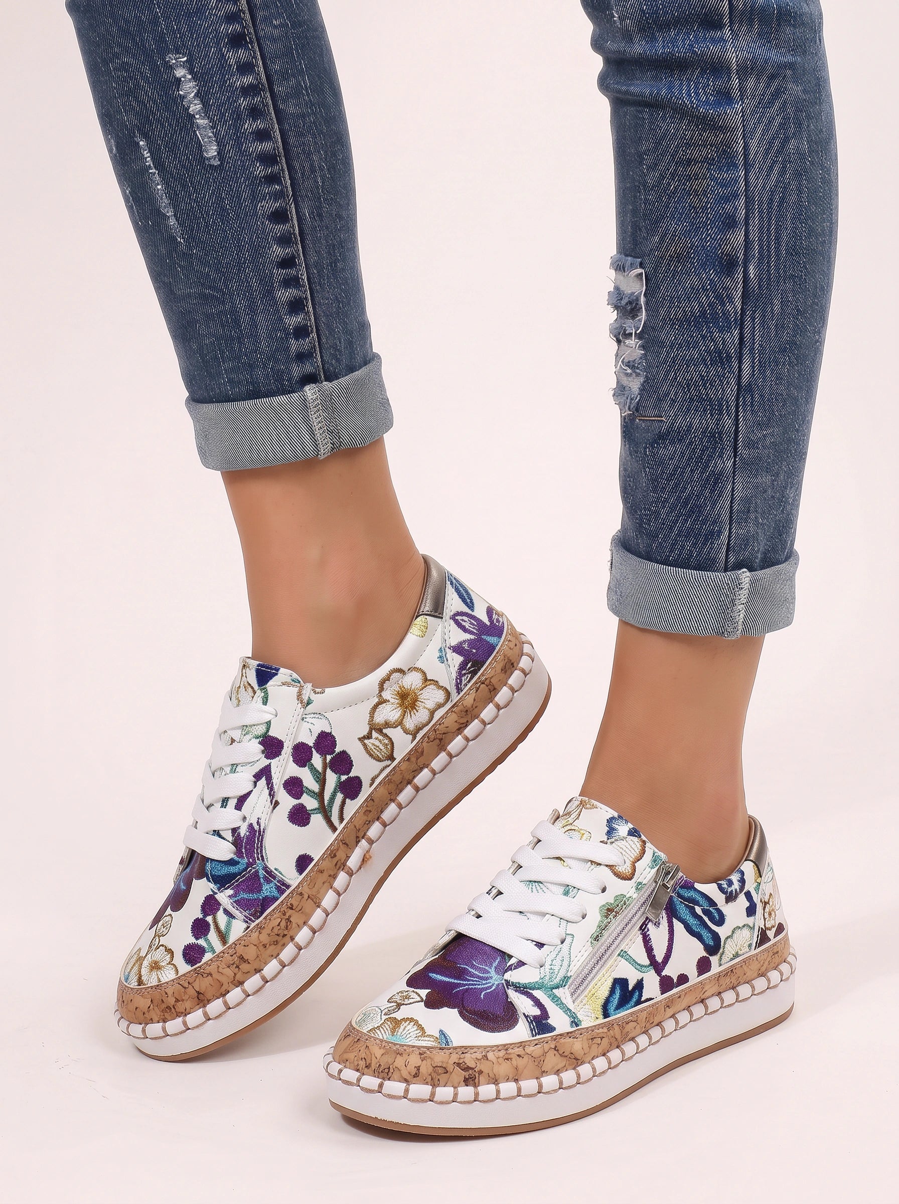 Floramille Embroidered Lace-Up Sneakers – Women Casual Sneaker Espadrille Platform Boho Floral Embroidered Sneakers