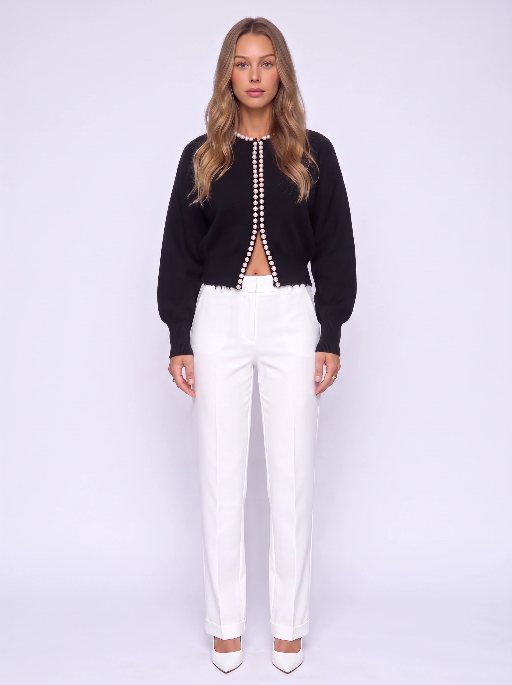 Perlaline Pearl-Trimmed Crop Cardigan – Cropped Cardigan Women Knit Sweater Evening Party Vintage Elegant