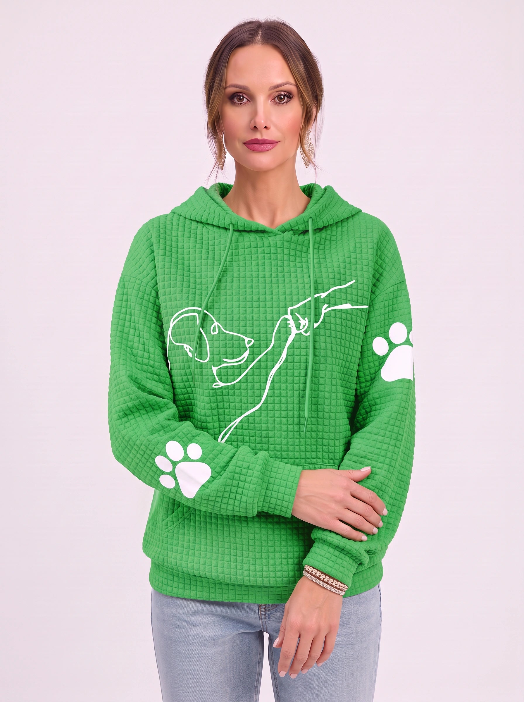 Sweat à capuche texturé effet gaufré Quadra – Sweat oversize décontracté pour femme à motif d’empreinte de patte de chien