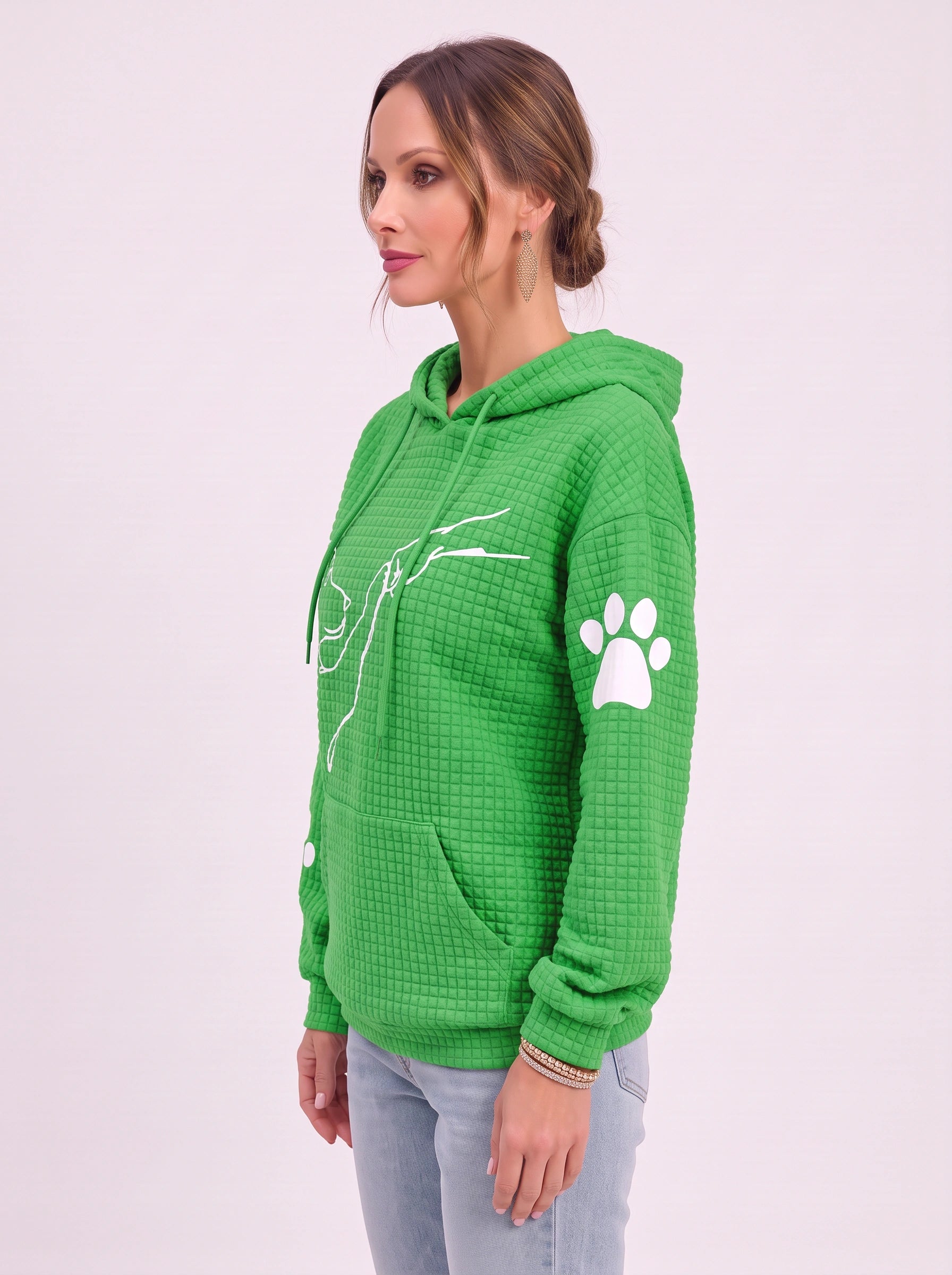 Sweat à capuche texturé effet gaufré Quadra – Sweat oversize décontracté pour femme à motif d’empreinte de patte de chien