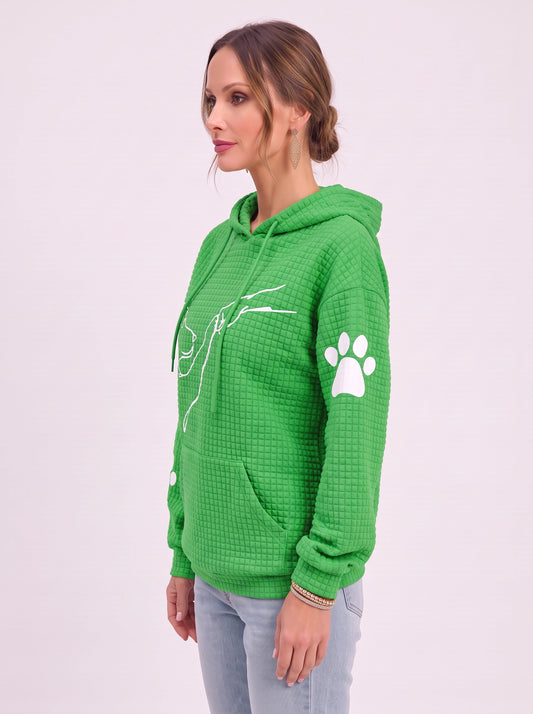 Quadra Textured Waffle Hoodie – Graphic Dog Paw Print Women Casual Streetwear Oversized Pullover Hoodie