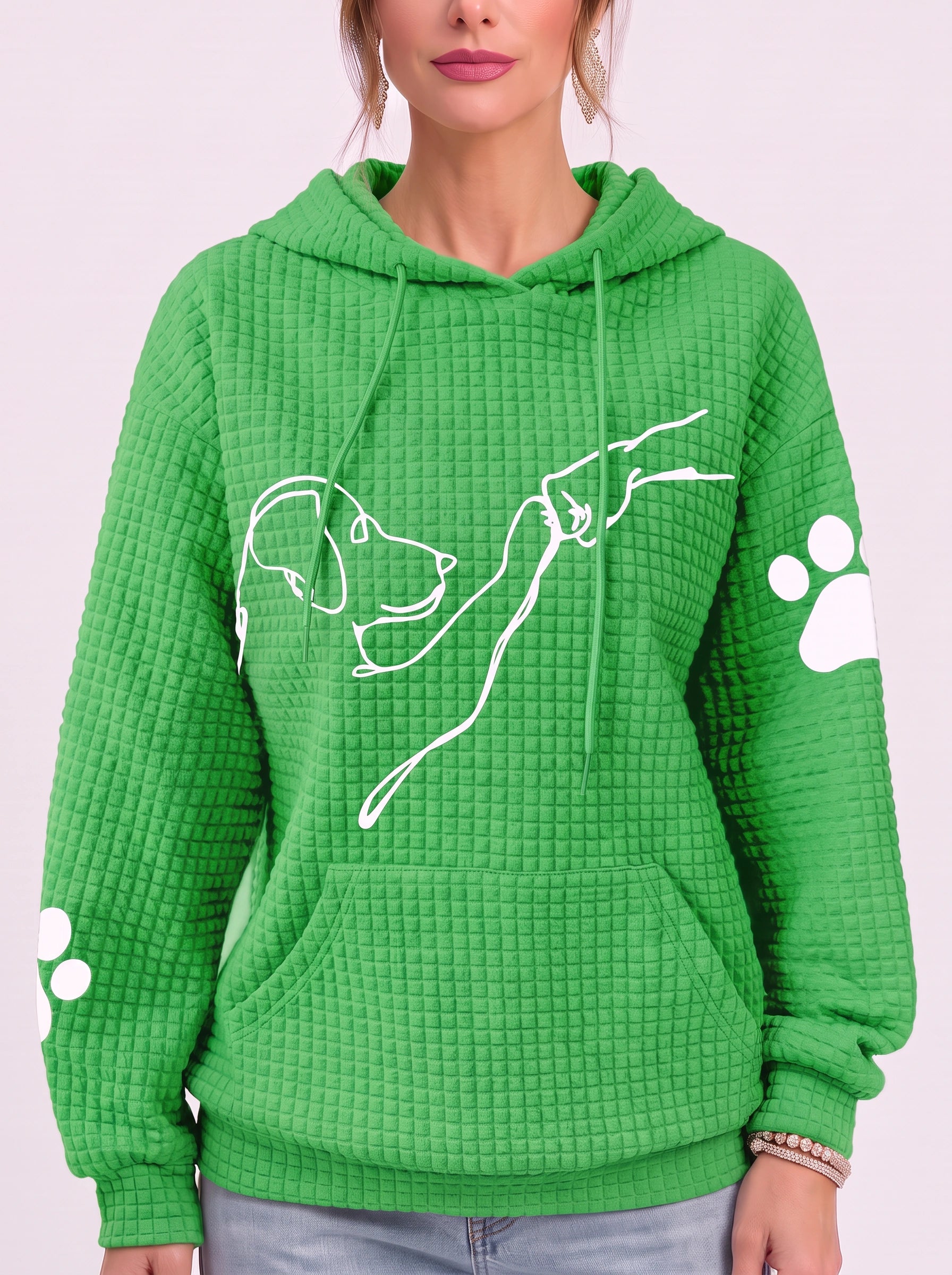 Sweat à capuche texturé effet gaufré Quadra – Sweat oversize décontracté pour femme à motif d’empreinte de patte de chien
