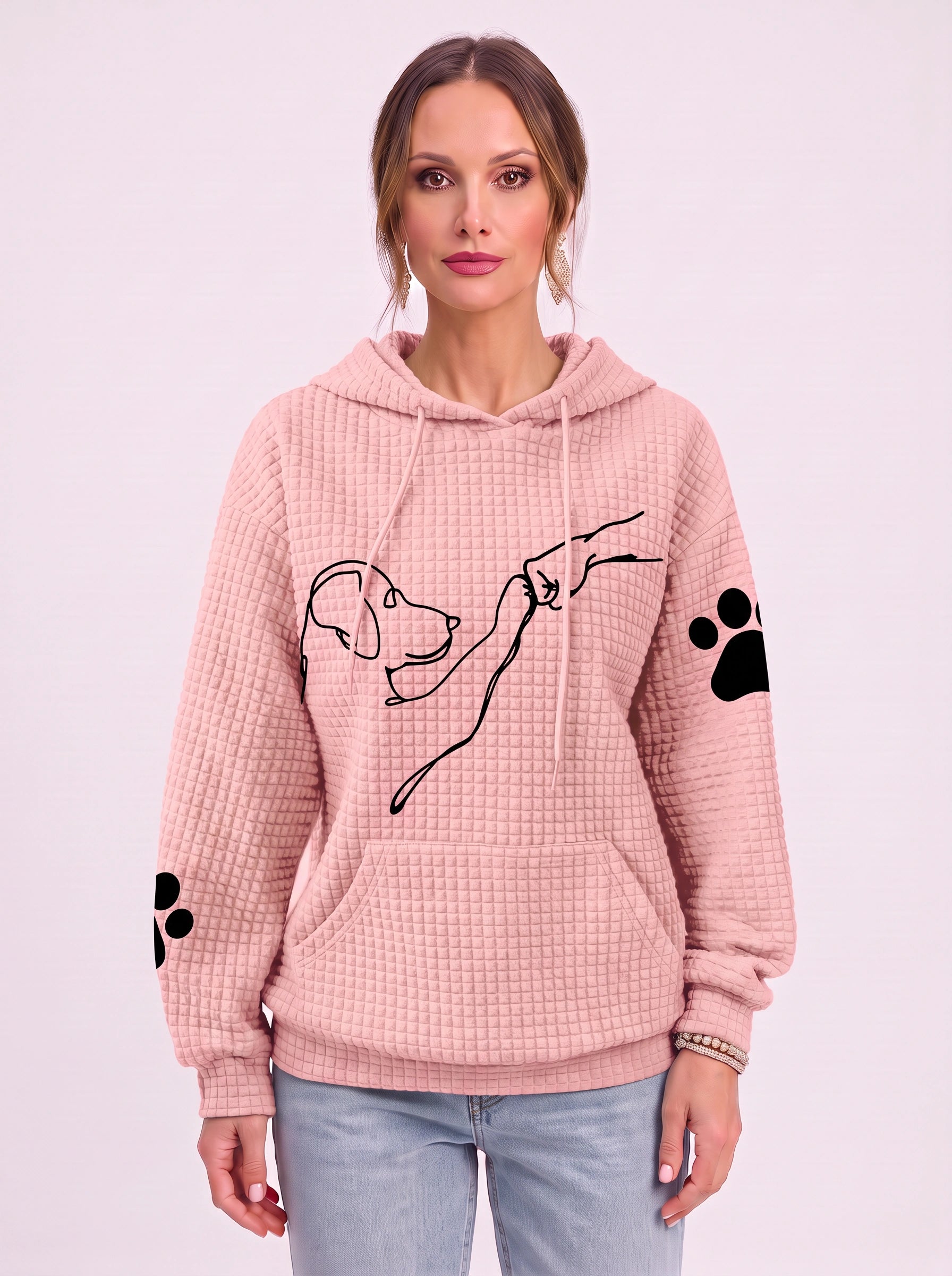 Sweat à capuche texturé effet gaufré Quadra – Sweat oversize décontracté pour femme à motif d’empreinte de patte de chien