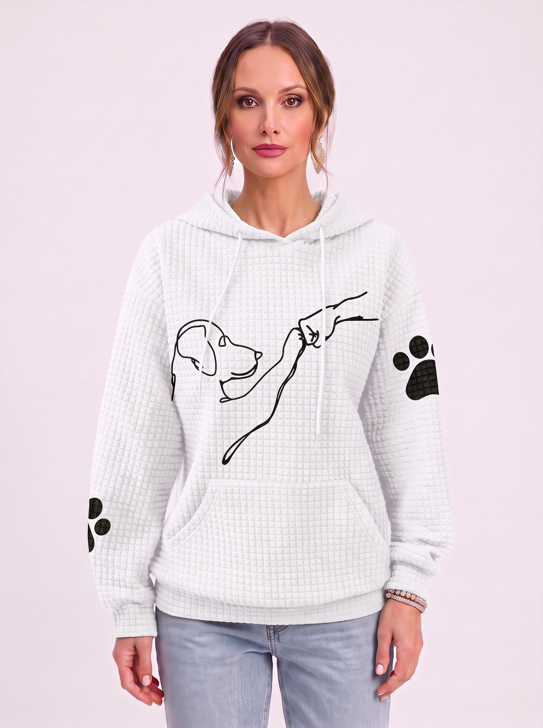 Sweat à capuche texturé effet gaufré Quadra – Sweat oversize décontracté pour femme à motif d’empreinte de patte de chien