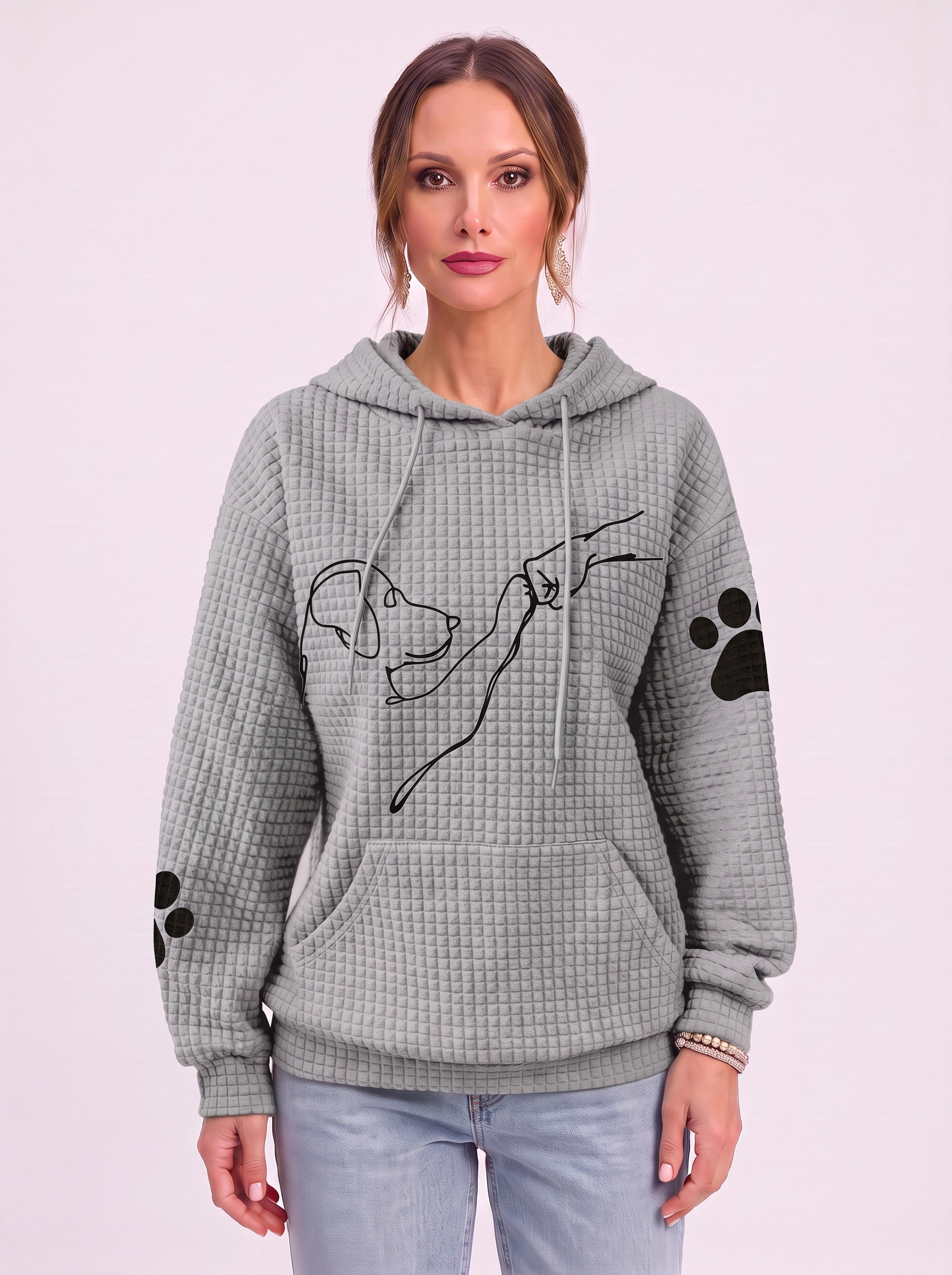 Sweat à capuche texturé effet gaufré Quadra – Sweat oversize décontracté pour femme à motif d’empreinte de patte de chien