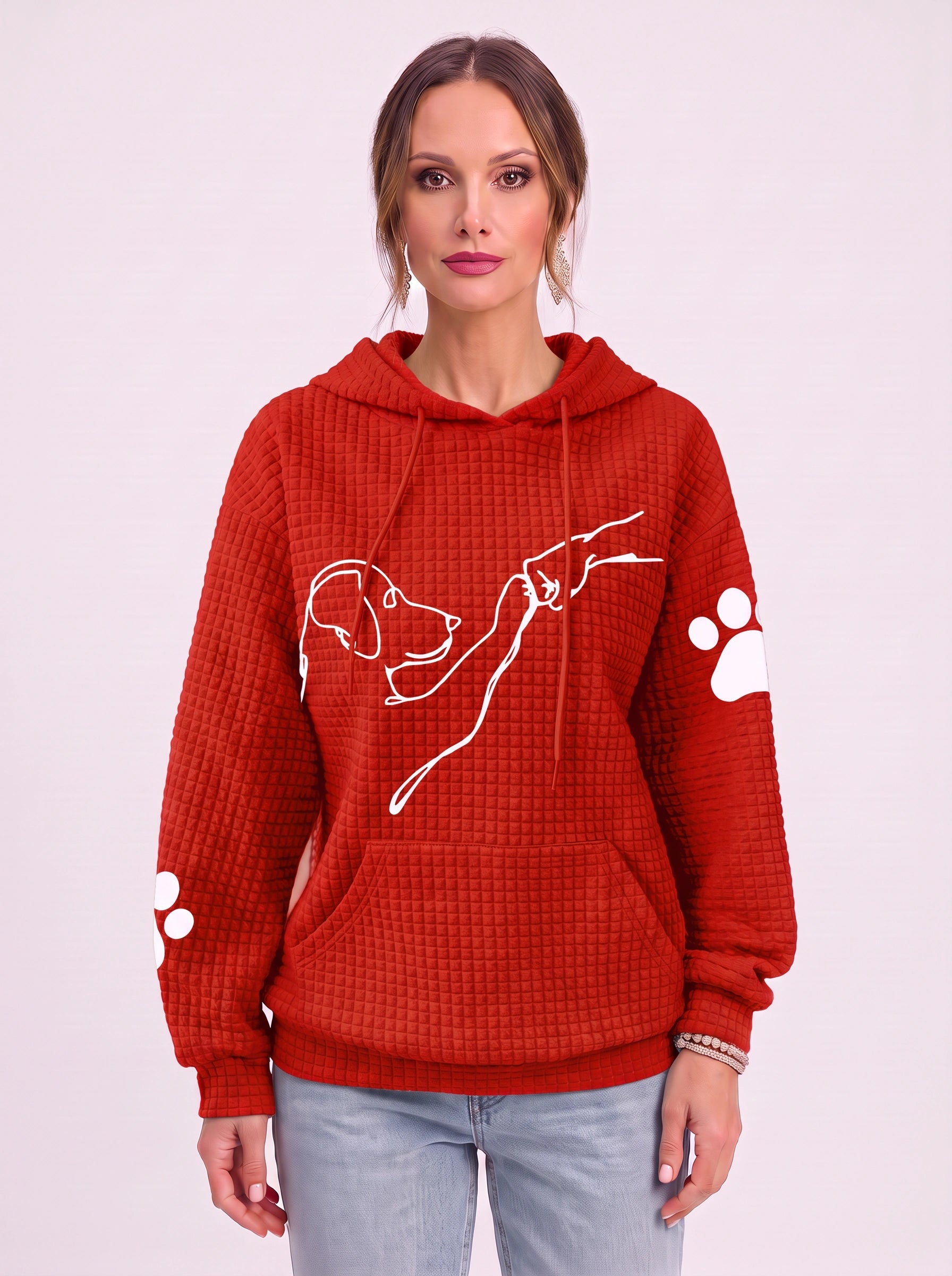 Sweat à capuche texturé effet gaufré Quadra – Sweat oversize décontracté pour femme à motif d’empreinte de patte de chien