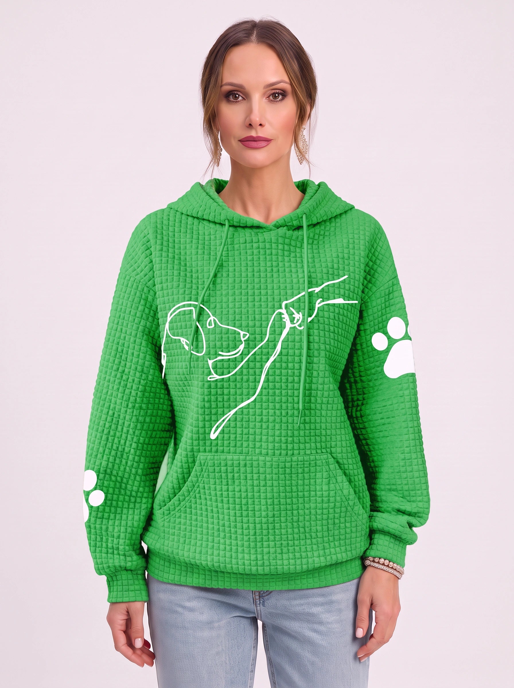 Sweat à capuche texturé effet gaufré Quadra – Sweat oversize décontracté pour femme à motif d’empreinte de patte de chien