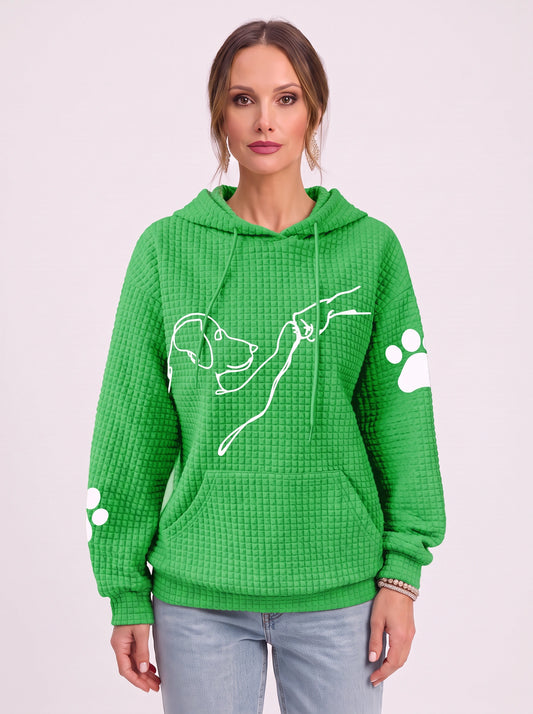 Quadra Textured Waffle Hoodie – Graphic Dog Paw Print Women Casual Streetwear Oversized Pullover Hoodie