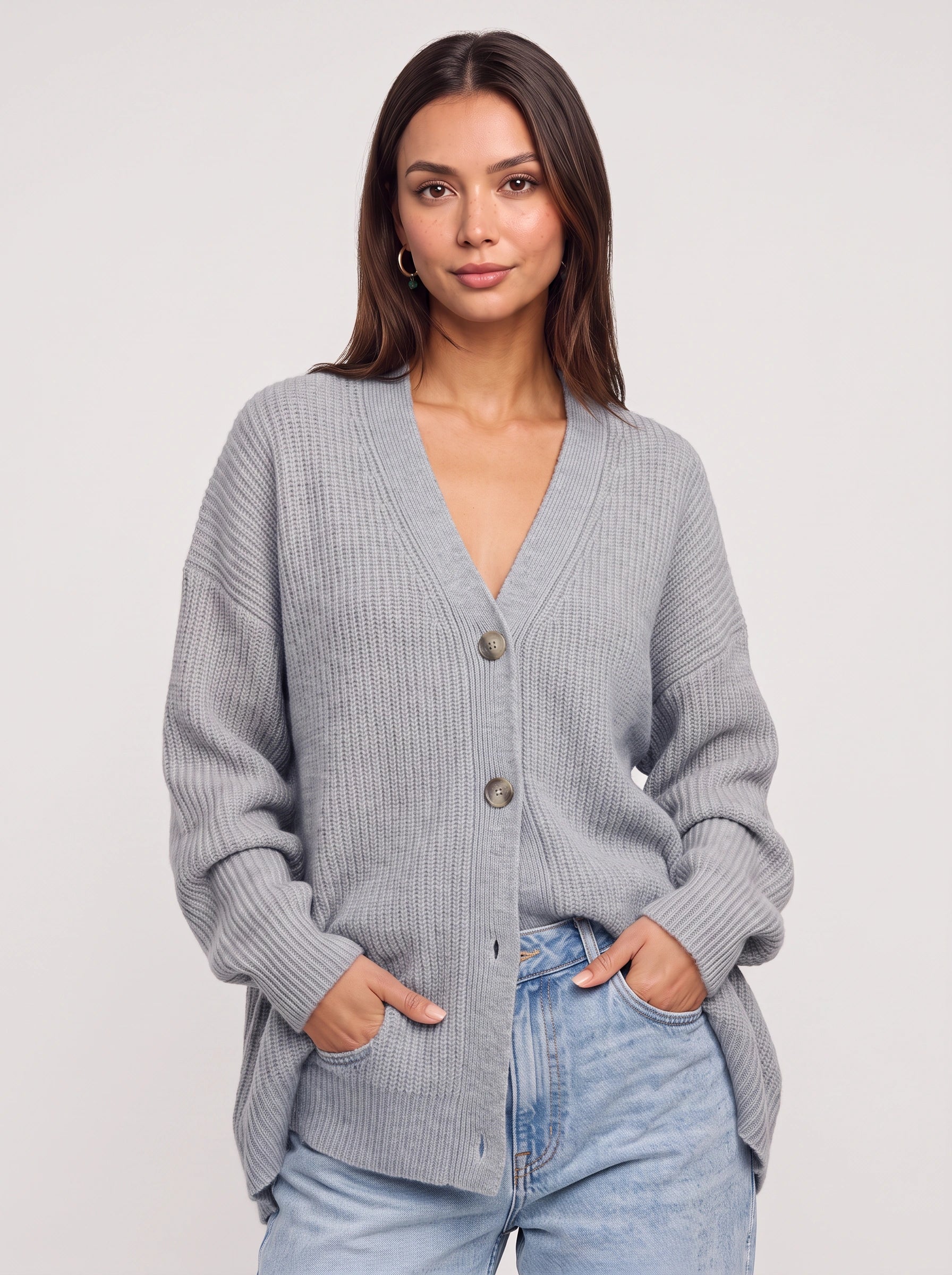 Gilet cardigan oversize en maille côtelée épaisse à boutons Trescia - pull en maille pour femme, tenue décontractée d'intérieur automnale, cardigan à col V