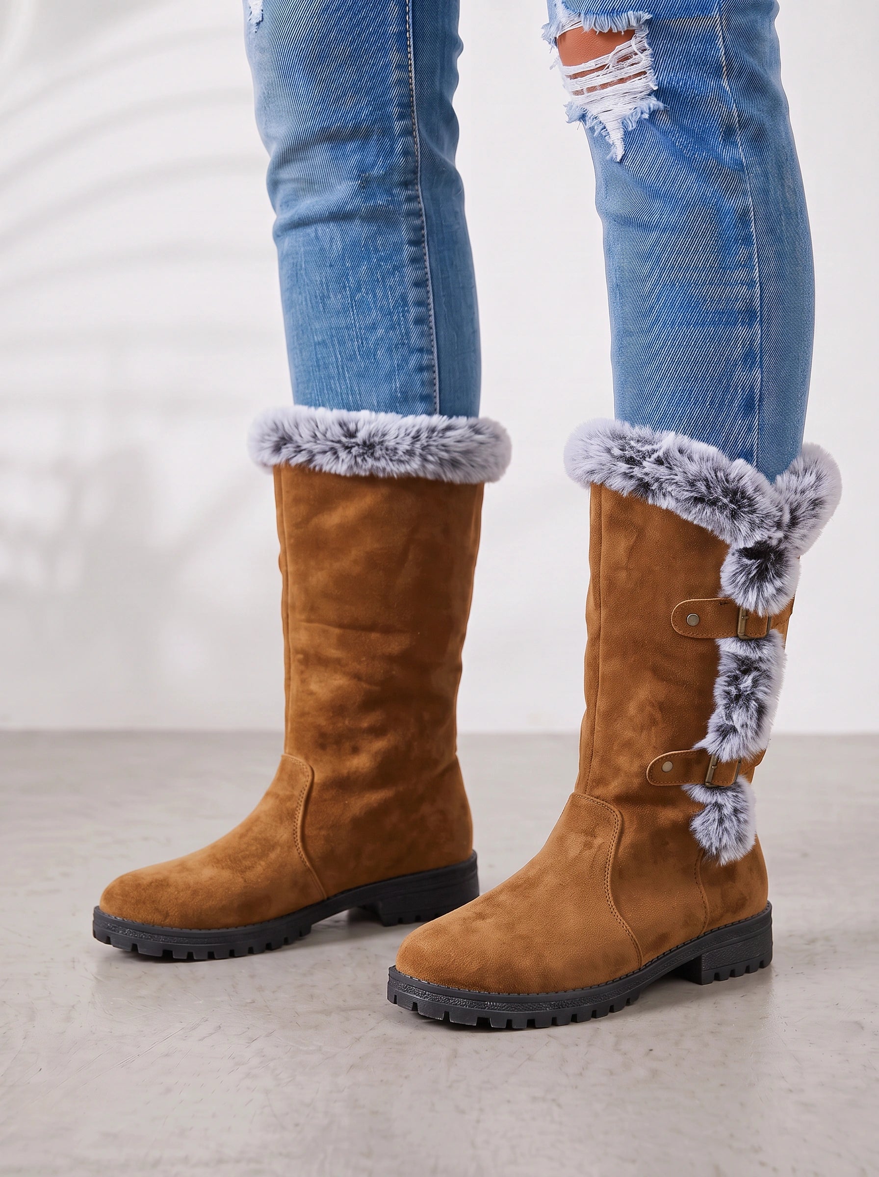 Frostrim Faux Fur Mid-Calf Boots – Women Knee High Winter Snow Boots Faux Suede Lug Sole Combat Boots