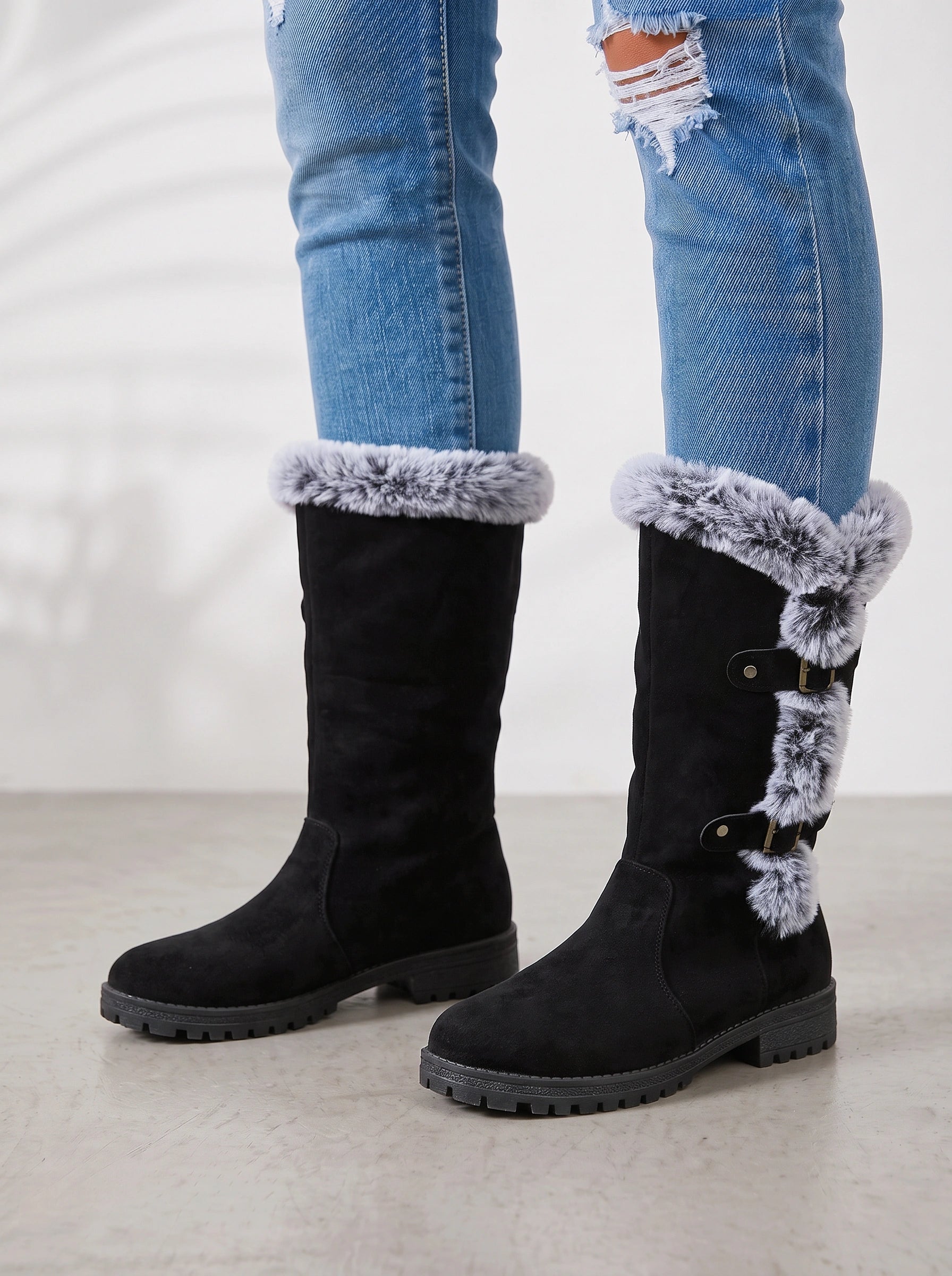 Frostrim Faux Fur Mid-Calf Boots – Women Knee High Winter Snow Boots Faux Suede Lug Sole Combat Boots