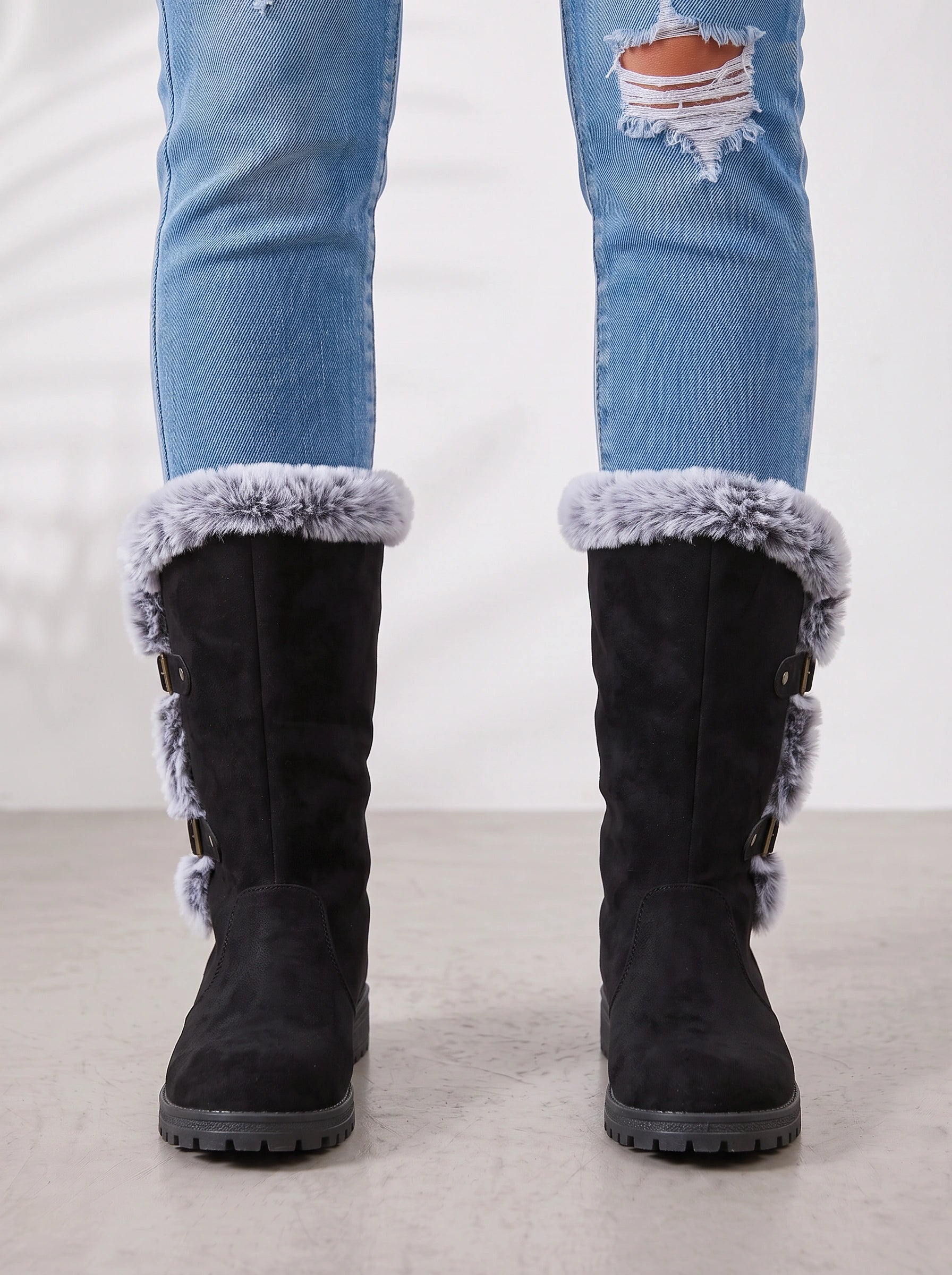 Frostrim Faux Fur Mid-Calf Boots – Women Knee High Winter Snow Boots Faux Suede Lug Sole Combat Boots