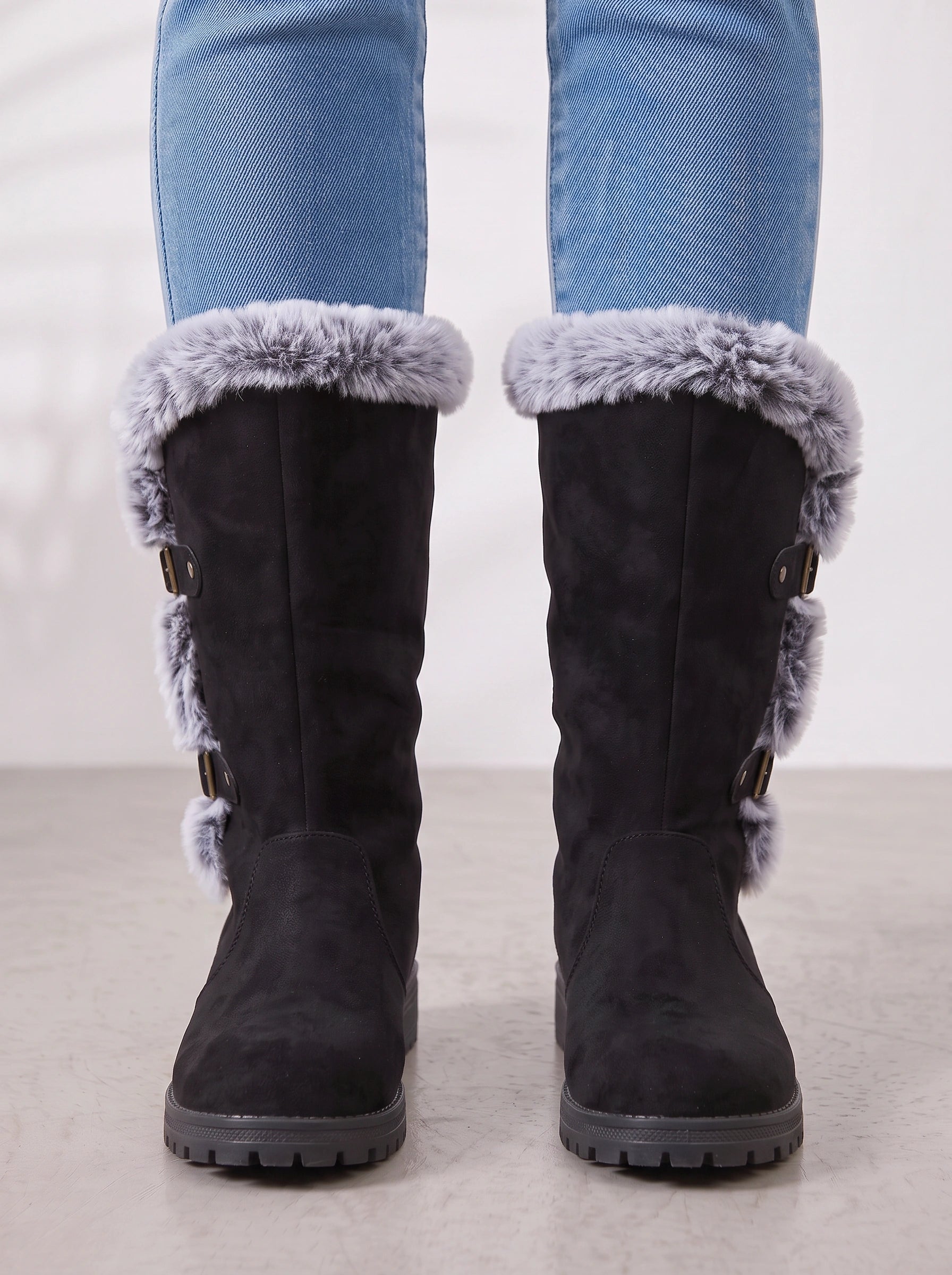Frostrim Faux Fur Mid-Calf Boots – Women Knee High Winter Snow Boots Faux Suede Lug Sole Combat Boots