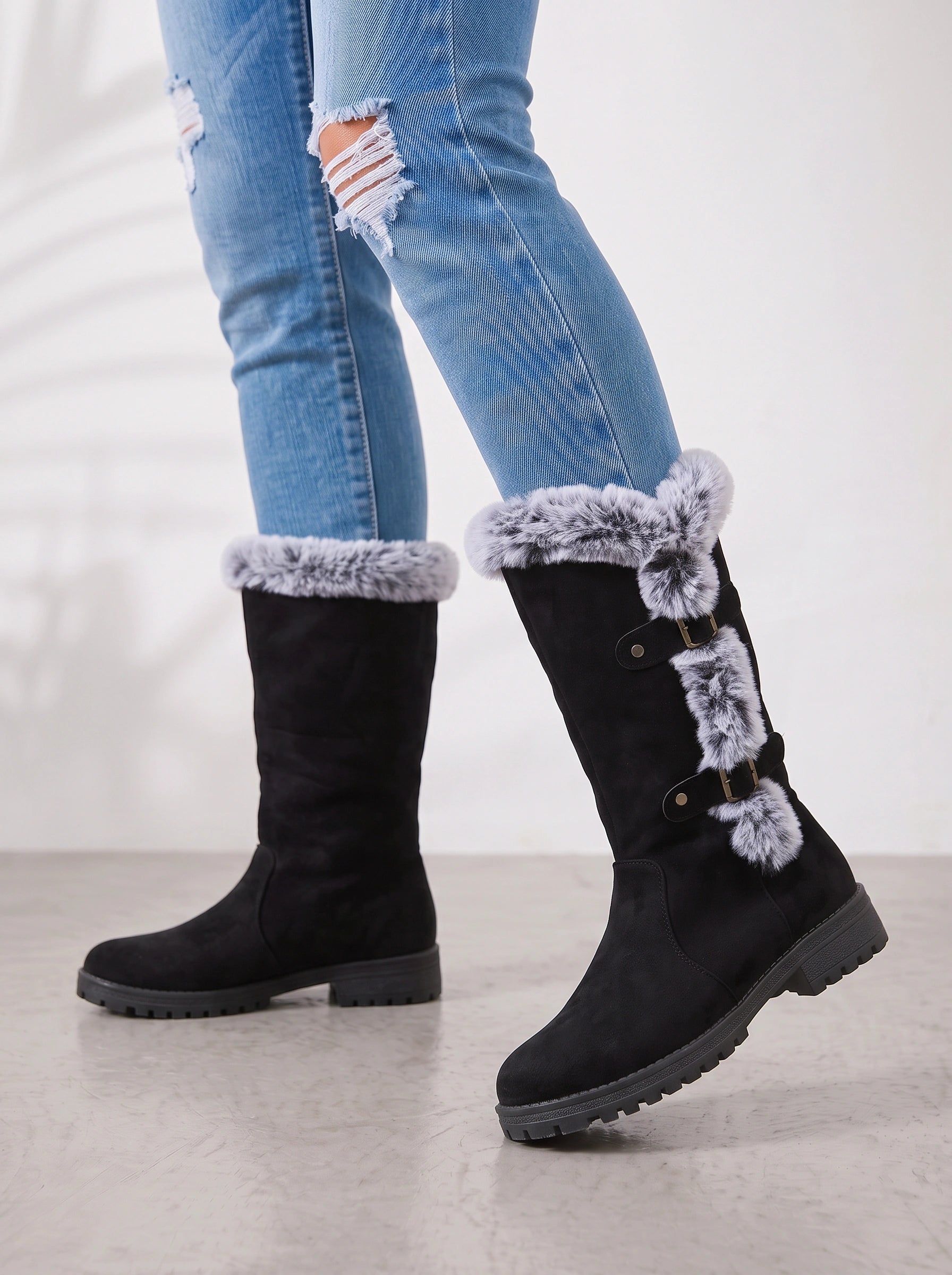 Frostrim Faux Fur Mid-Calf Boots – Women Knee High Winter Snow Boots Faux Suede Lug Sole Combat Boots