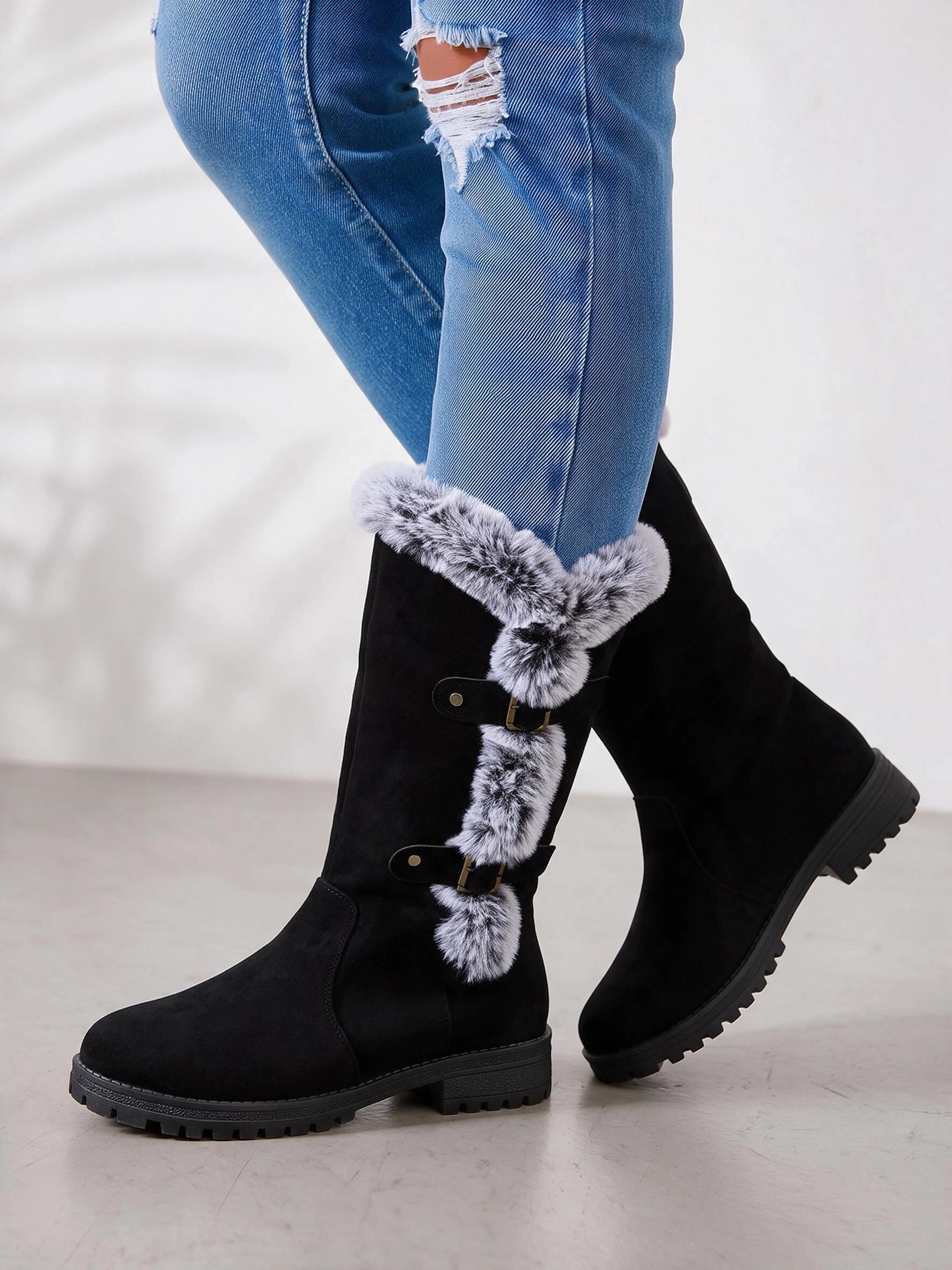 Frostrim Faux Fur Mid-Calf Boots – Women Knee High Winter Snow Boots Faux Suede Lug Sole Combat Boots