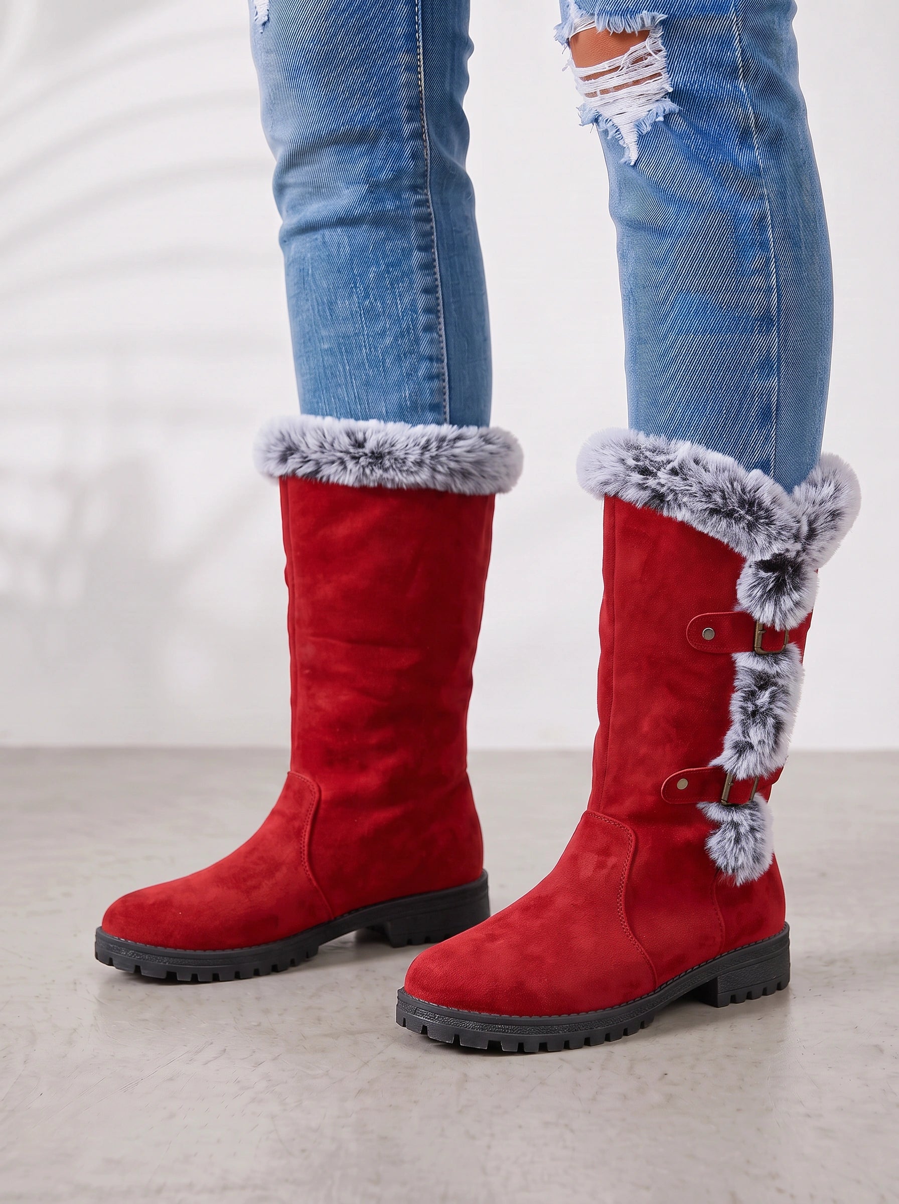 Frostrim Faux Fur Mid-Calf Boots – Women Knee High Winter Snow Boots Faux Suede Lug Sole Combat Boots