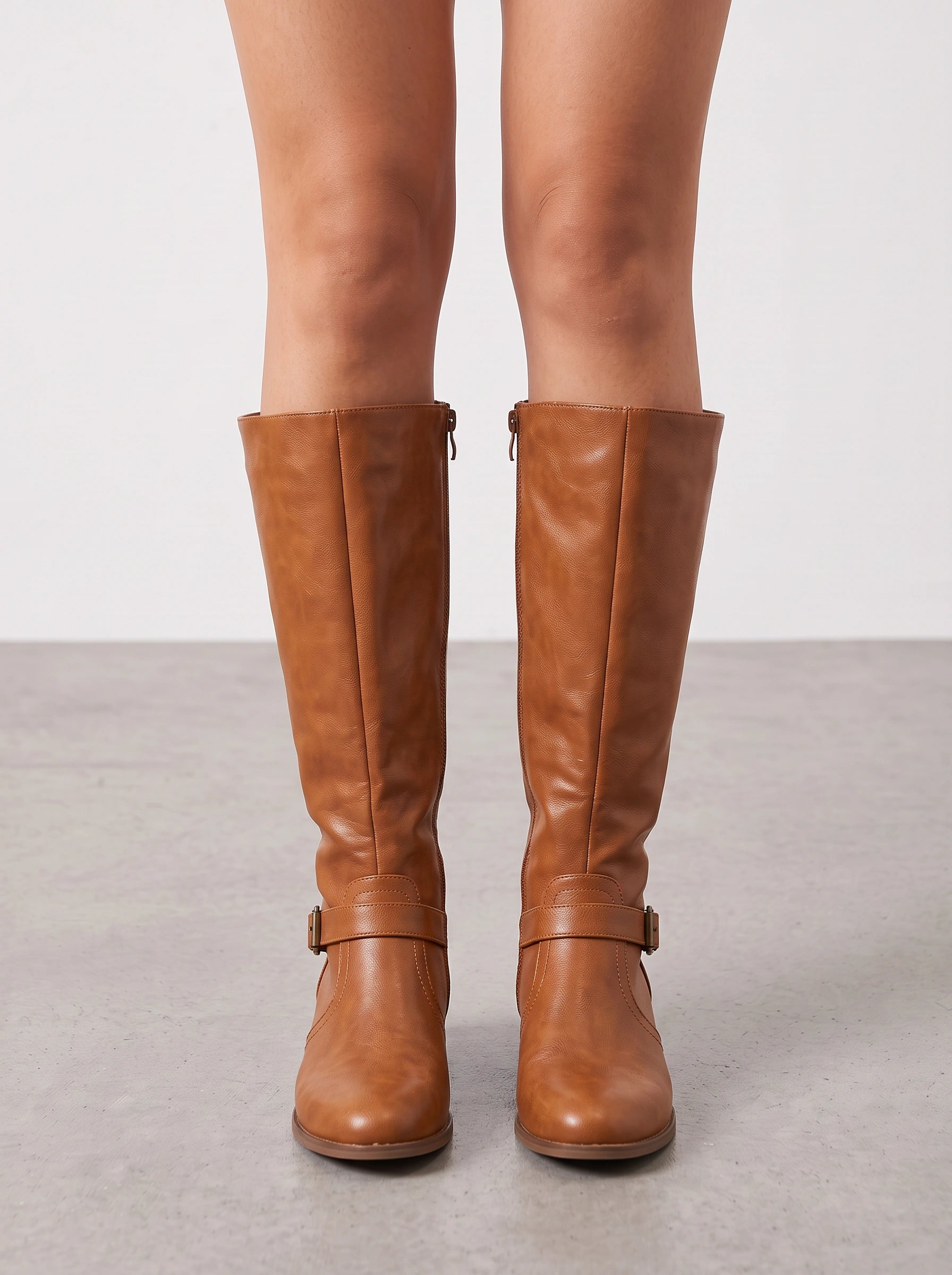 Bottes cavalières montantes Tanwen - bottes d'automne et d'hiver pour femme en cuir, bride à boucle, talon carré, style équestre
