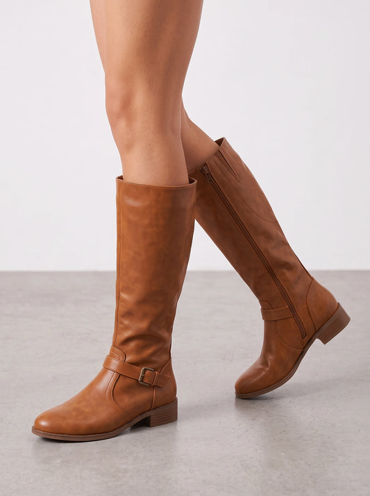 Tanwen Knee High Riding Boots – Women Leather Buckle Strap Block Heel Fall Winter Equestrian Style Boots