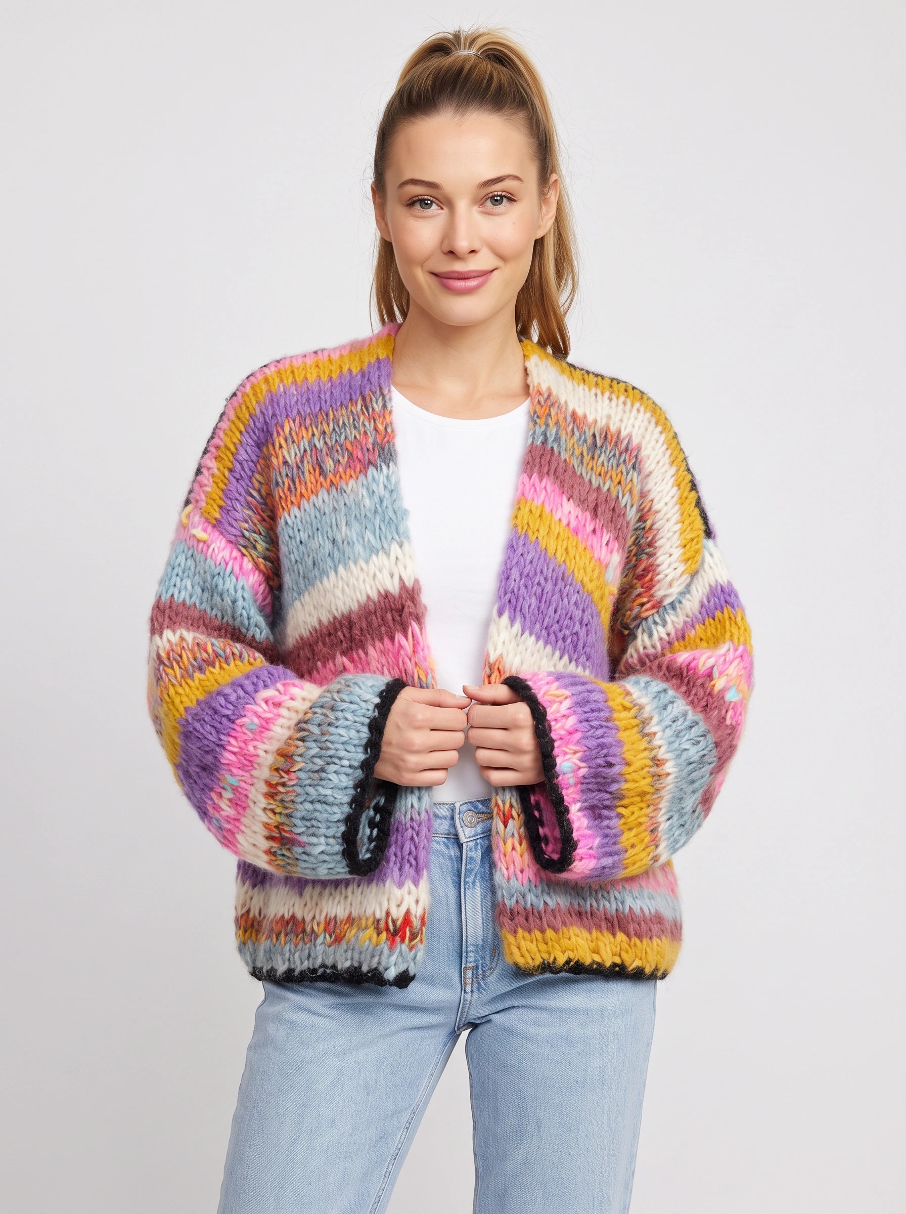 Flambri cardigan oversize à grosses mailles rayées - pull d'hiver chaud pour femme, ouvert sur le devant