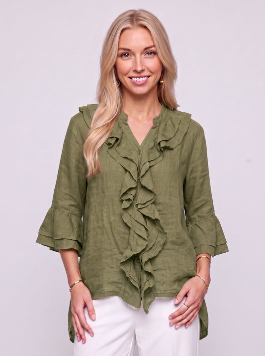 Ruffina Ruffle Front Bell Sleeve Top – Women Long Sleeve Casual Button Down Linen Boho Tunic Blouse