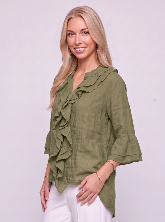 Ruffina Ruffle Front Bell Sleeve Top – Women Long Sleeve Casual Button Down Linen Boho Tunic Blouse