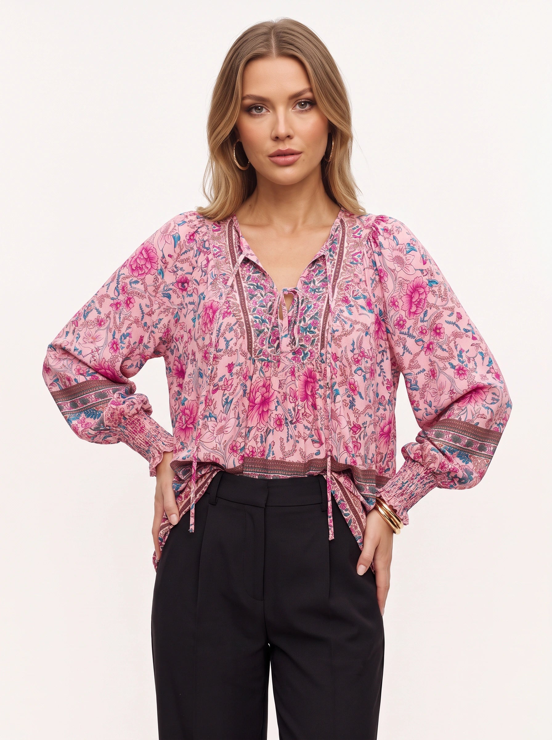 Floralyn blouse bohème à col noué - vêtement chic pour femme, style bohème, manches longues, blouse romantique d'automne
