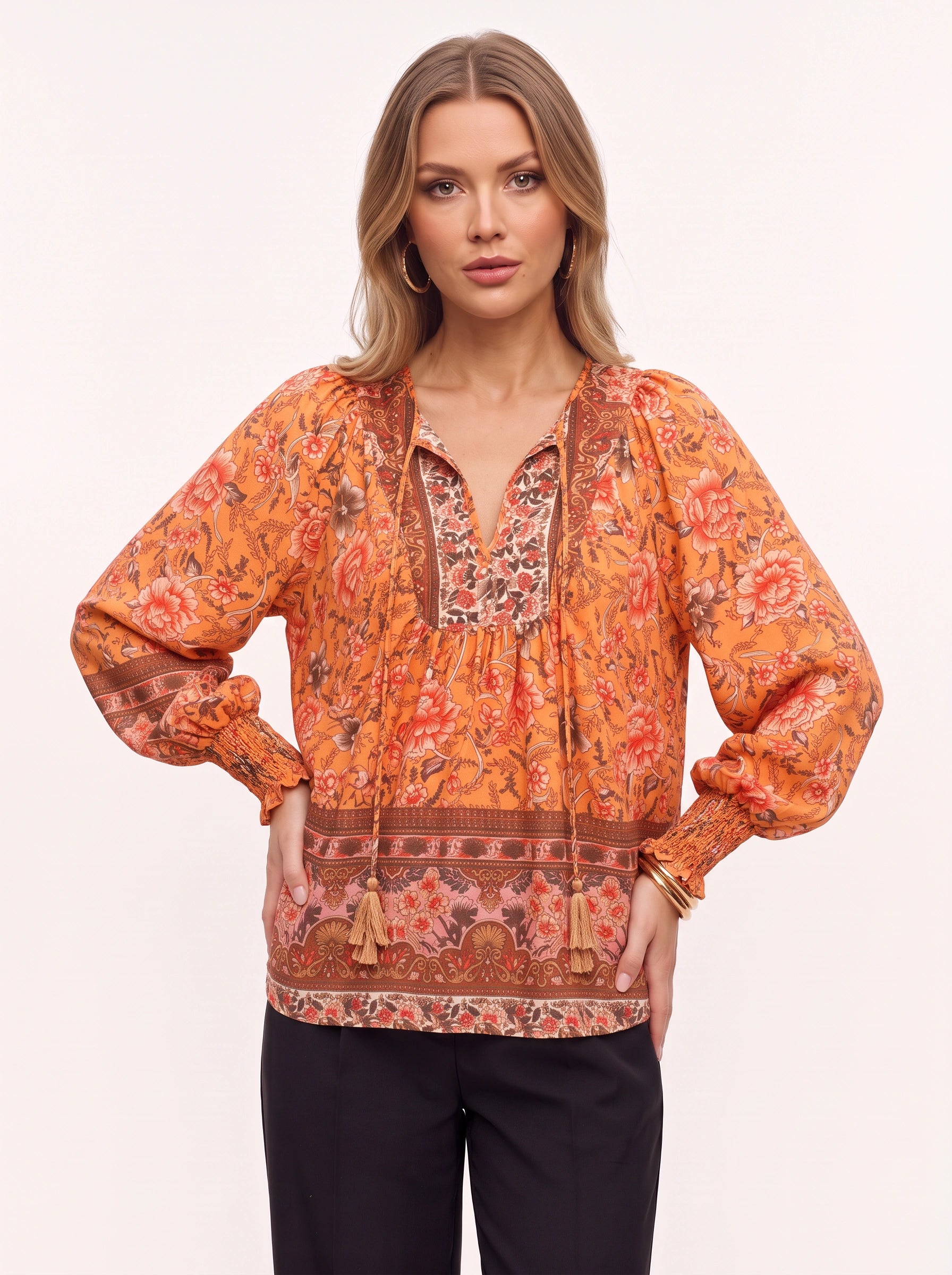 Floralyn blouse bohème à col noué - vêtement chic pour femme, style bohème, manches longues, blouse romantique d'automne