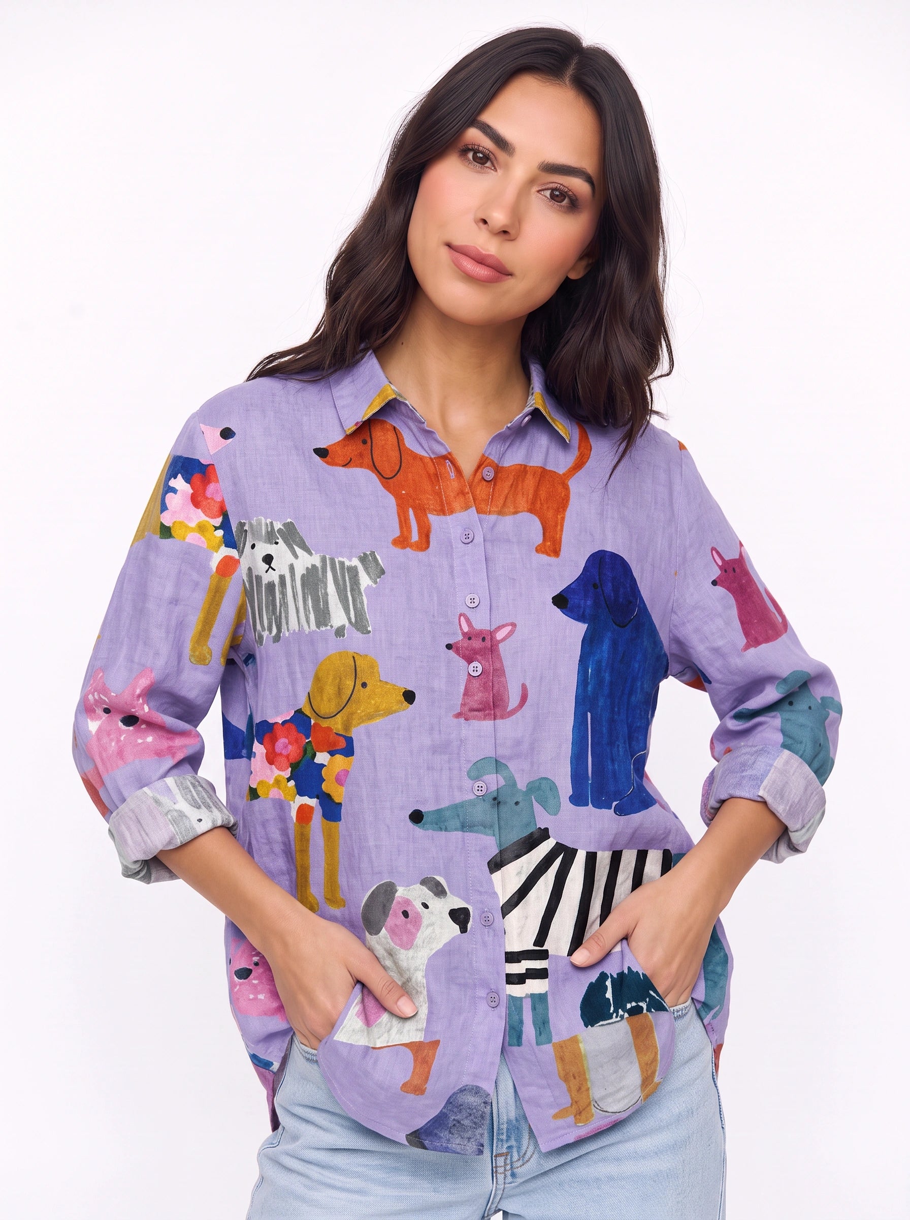 Cuccioli Illustrated Dog Print Shirt – Oversized Button Down Women Casual Fall Graphic Long Sleeve Top