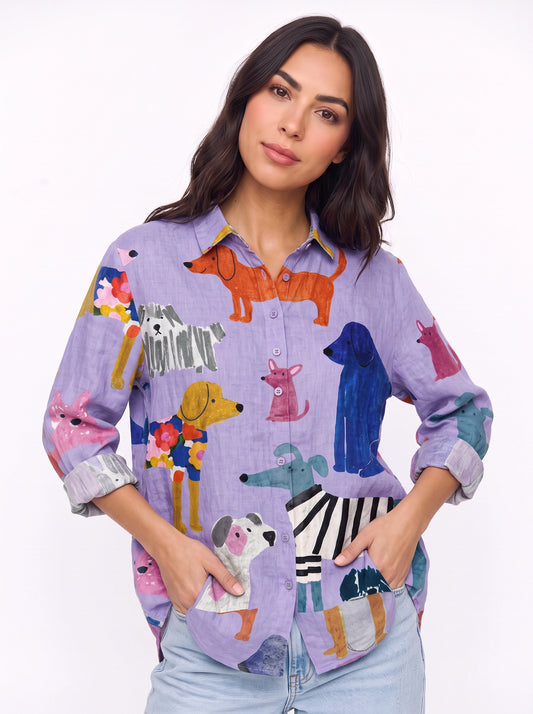 Cuccioli Illustrated Dog Print Shirt – Oversized Button Down Women Casual Fall Graphic Long Sleeve Top