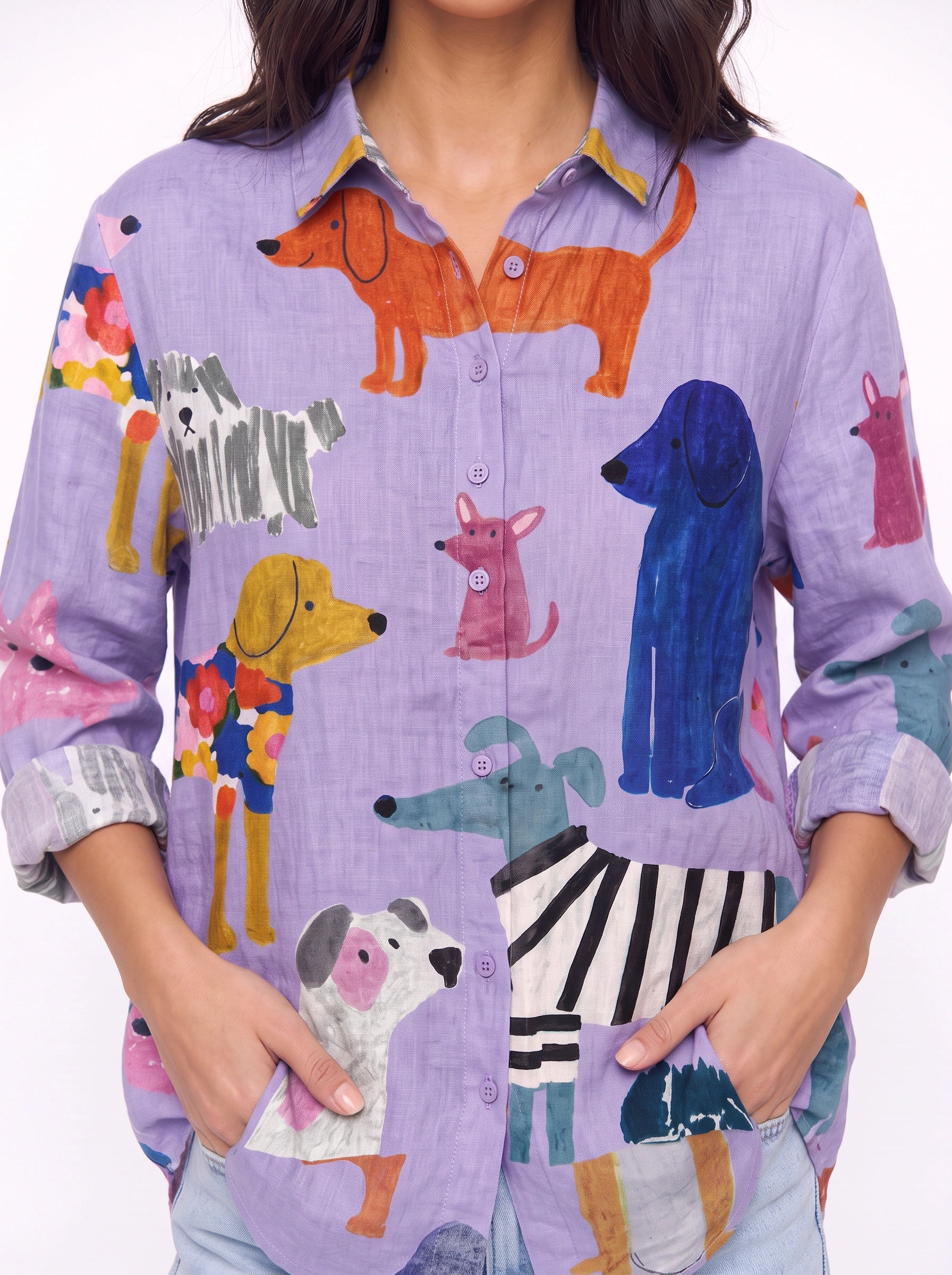 Cuccioli Illustrated Dog Print Shirt – Oversized Button Down Women Casual Fall Graphic Long Sleeve Top