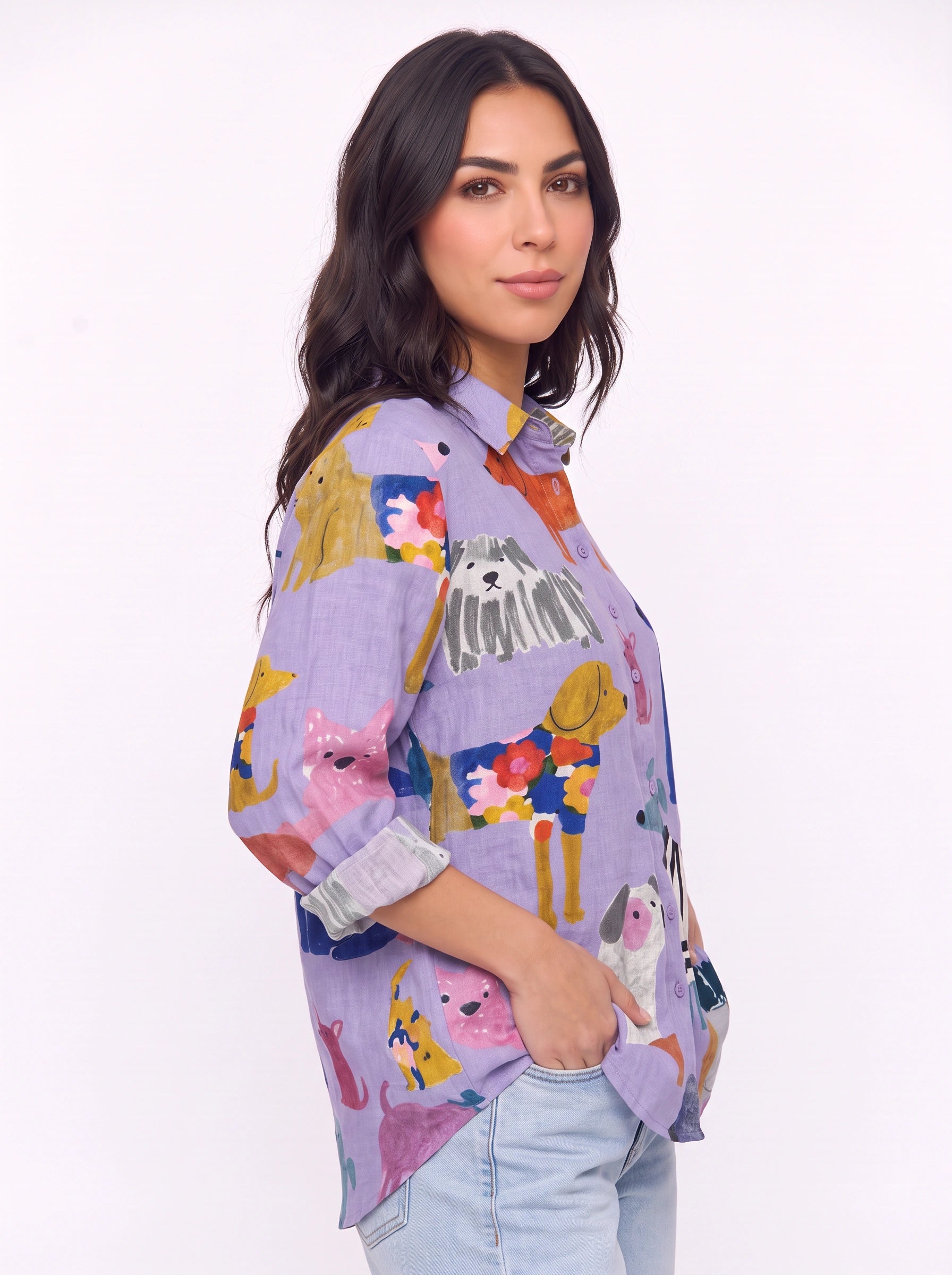 Cuccioli Illustrated Dog Print Shirt – Oversized Button Down Women Casual Fall Graphic Long Sleeve Top