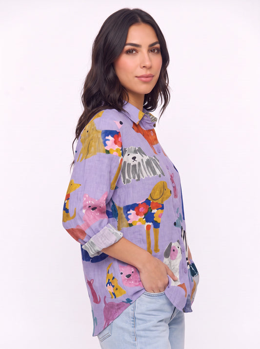 Cuccioli Illustrated Dog Print Shirt – Oversized Button Down Women Casual Fall Graphic Long Sleeve Top