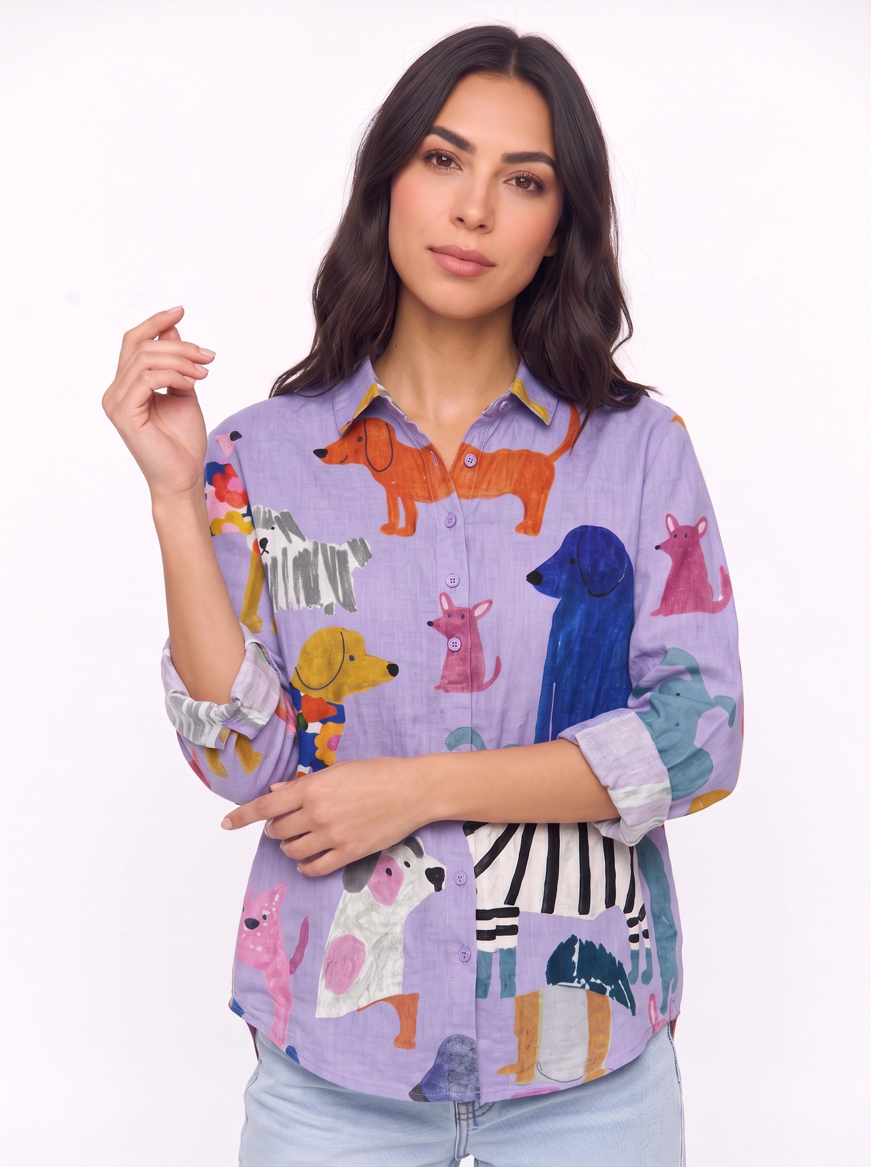 Cuccioli Illustrated Dog Print Shirt – Oversized Button Down Women Casual Fall Graphic Long Sleeve Top