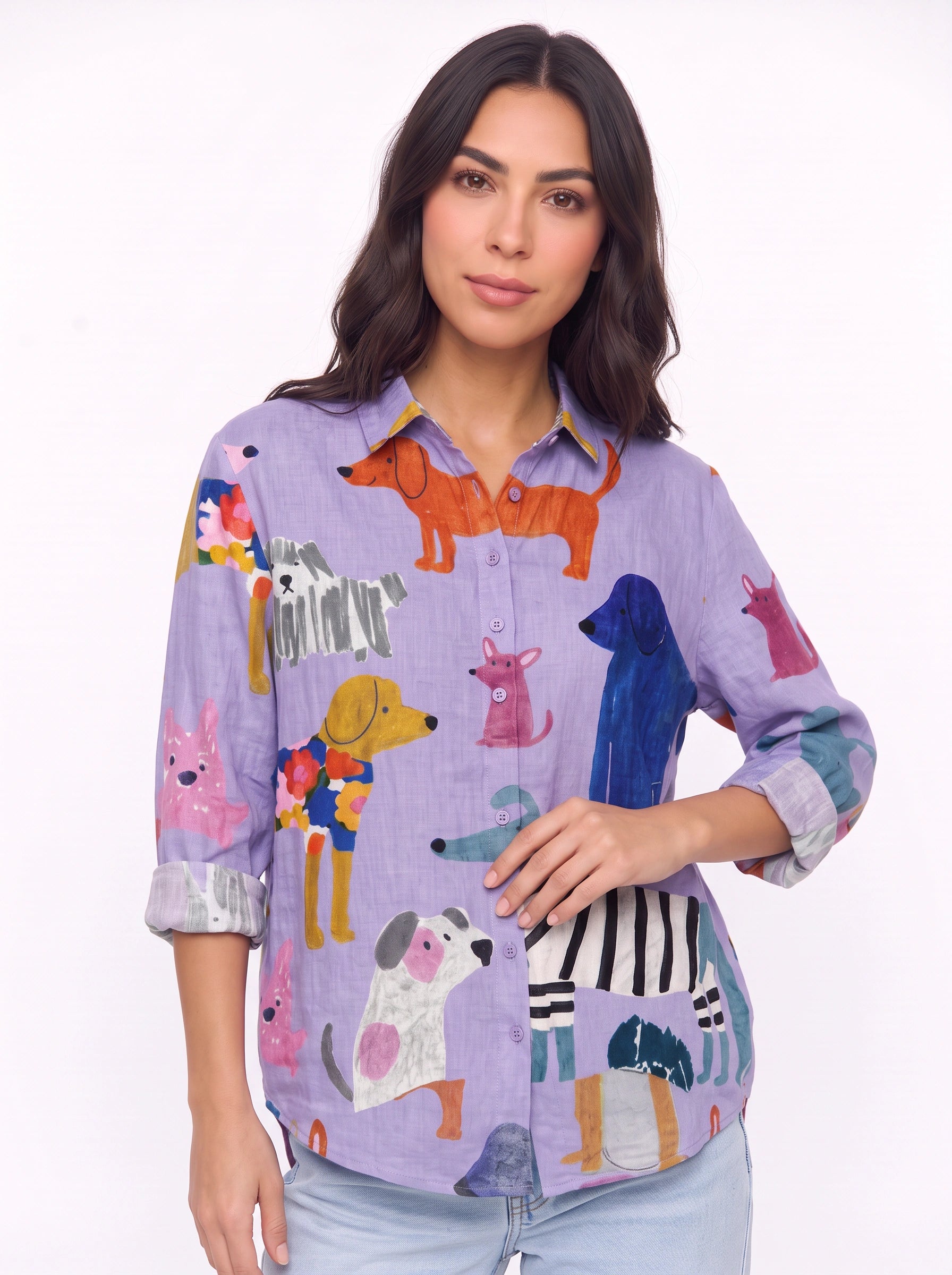 Cuccioli Illustrated Dog Print Shirt – Oversized Button Down Women Casual Fall Graphic Long Sleeve Top