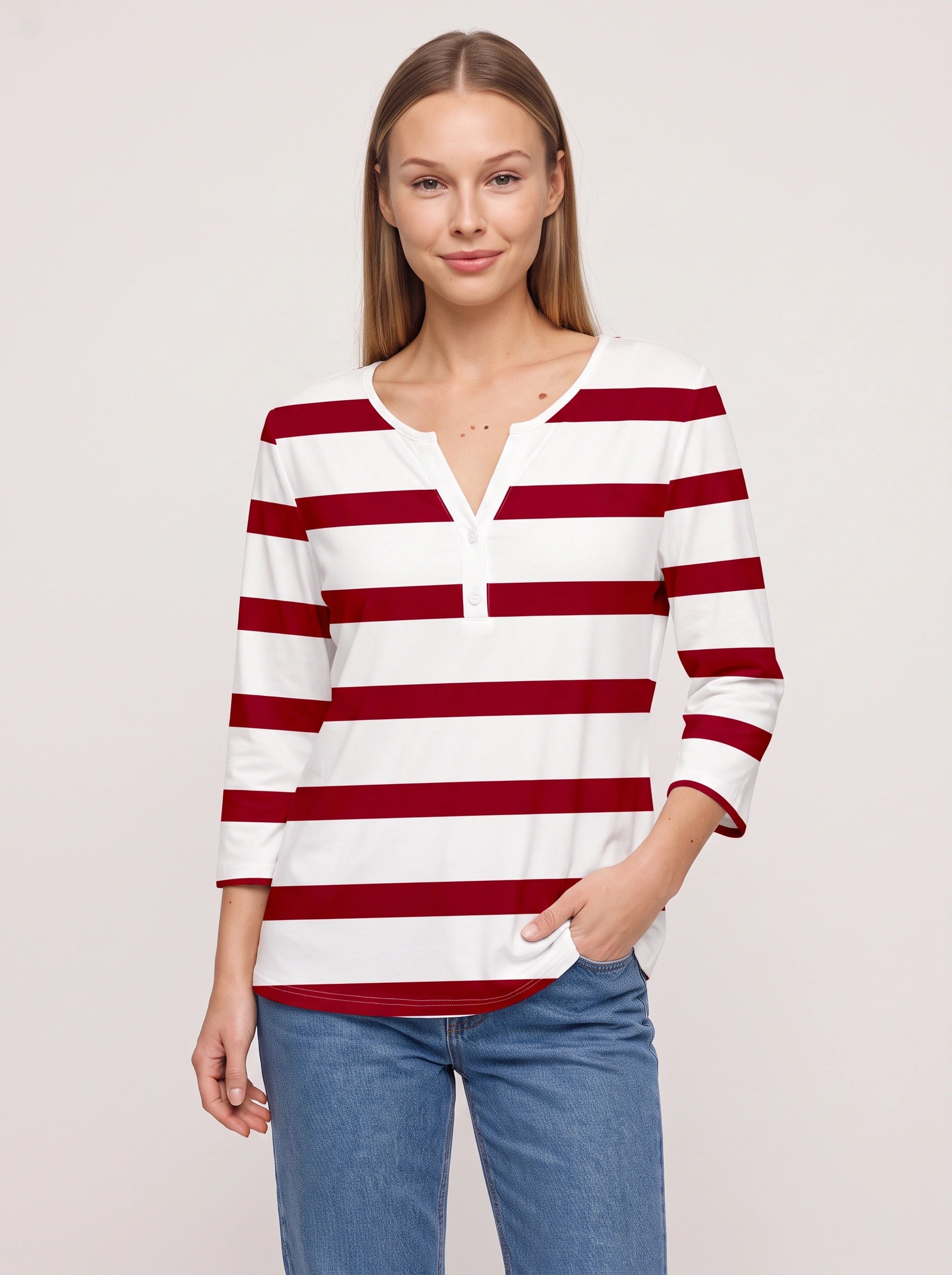 Marinio - Haut rayé à manches longues et col en V pour femme - Haut décontracté à manches longues, style nautique preppy, avec boutons façon Henley