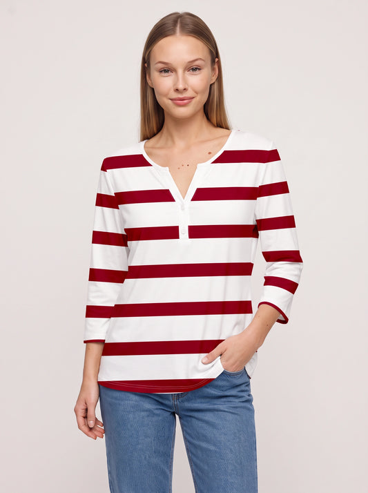 Marinio Striped V-Neck Long Sleeve Top – Women Casual Long Sleeve Tops Nautical Preppy Button Henley