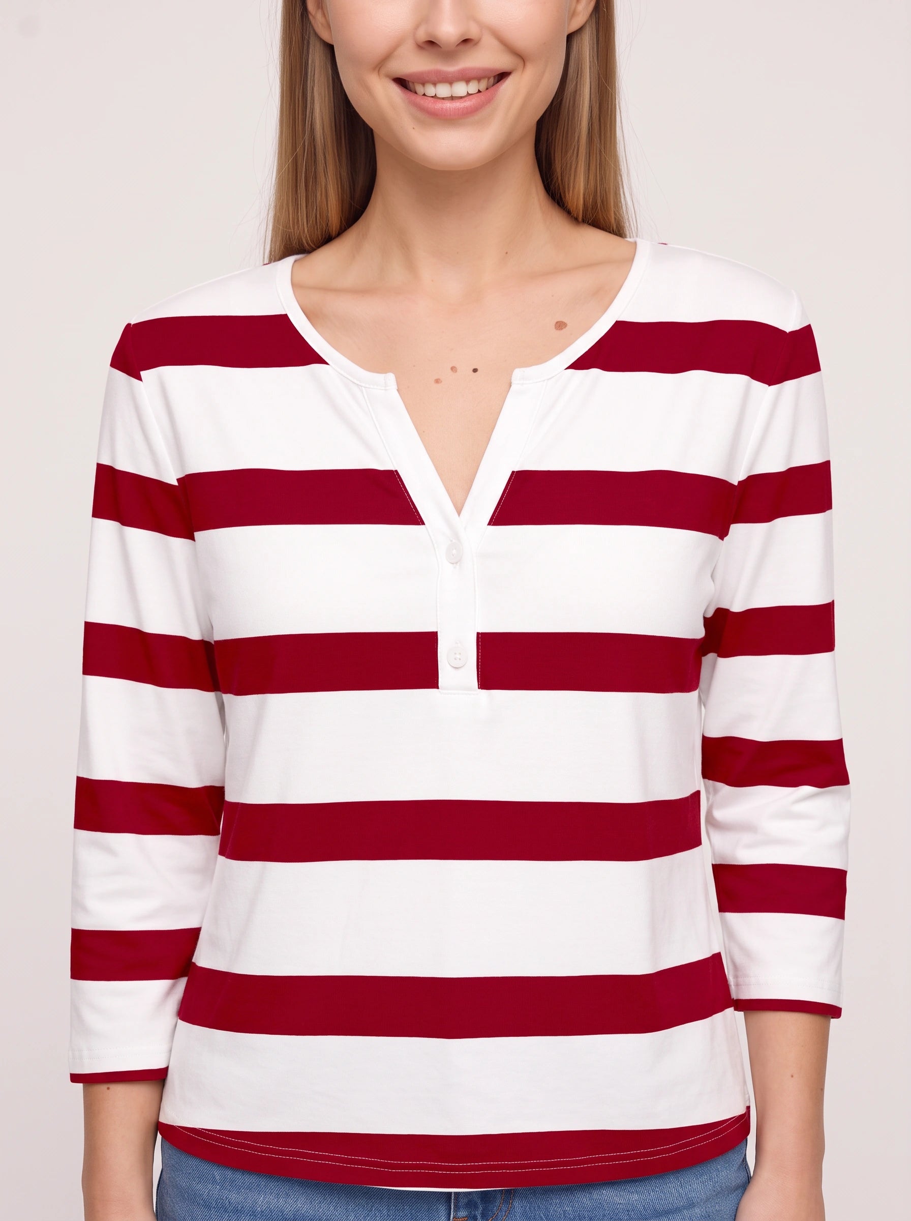 Marinio - Haut rayé à manches longues et col en V pour femme - Haut décontracté à manches longues, style nautique preppy, avec boutons façon Henley