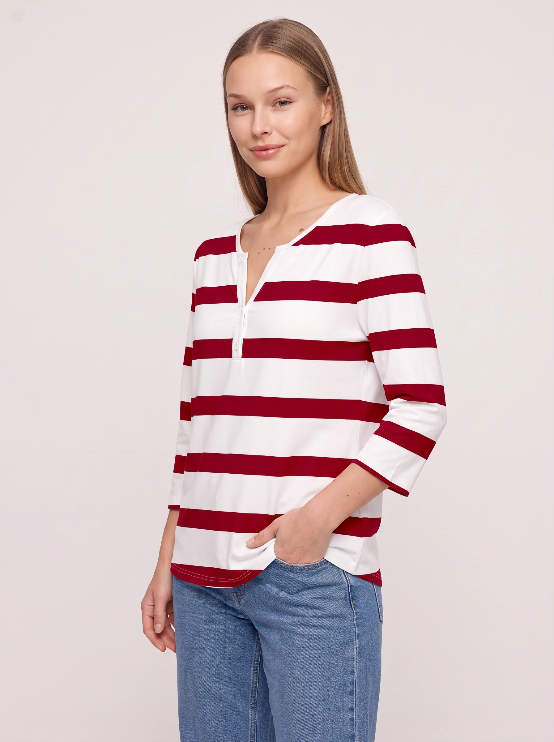 Marinio - Haut rayé à manches longues et col en V pour femme - Haut décontracté à manches longues, style nautique preppy, avec boutons façon Henley