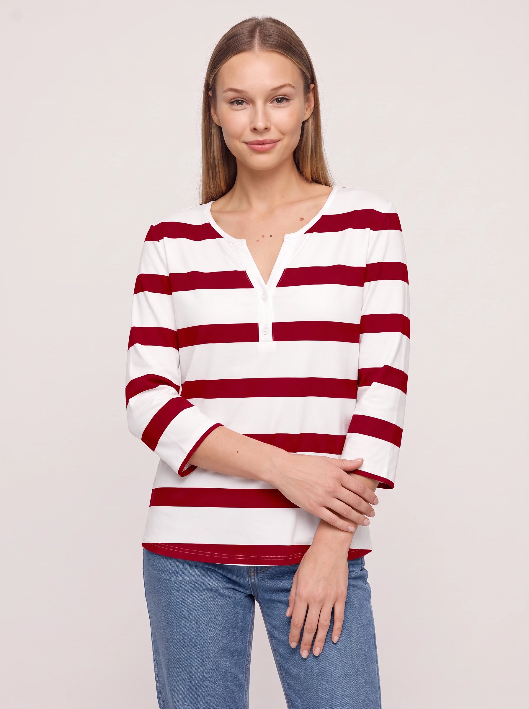 Marinio - Haut rayé à manches longues et col en V pour femme - Haut décontracté à manches longues, style nautique preppy, avec boutons façon Henley