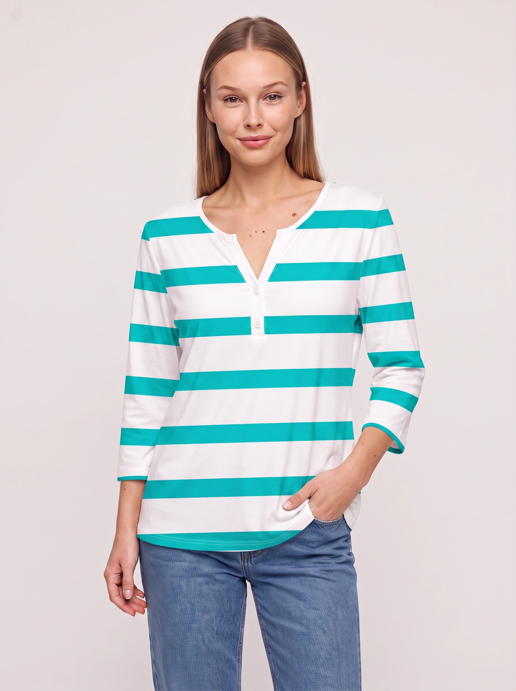 Marinio - Haut rayé à manches longues et col en V pour femme - Haut décontracté à manches longues, style nautique preppy, avec boutons façon Henley