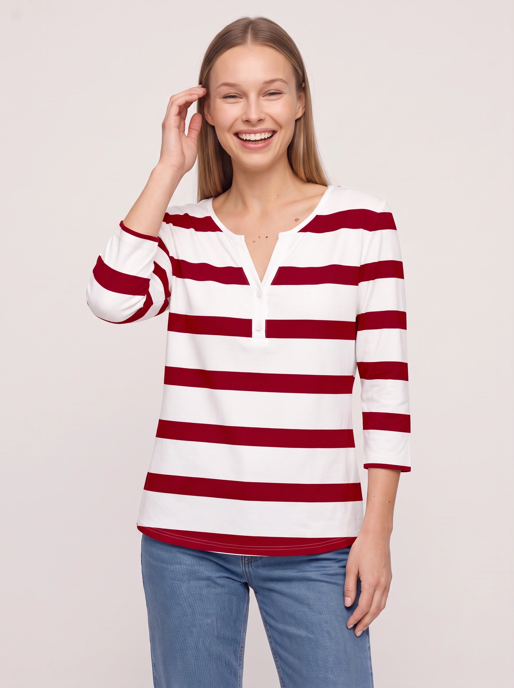 Marinio - Haut rayé à manches longues et col en V pour femme - Haut décontracté à manches longues, style nautique preppy, avec boutons façon Henley