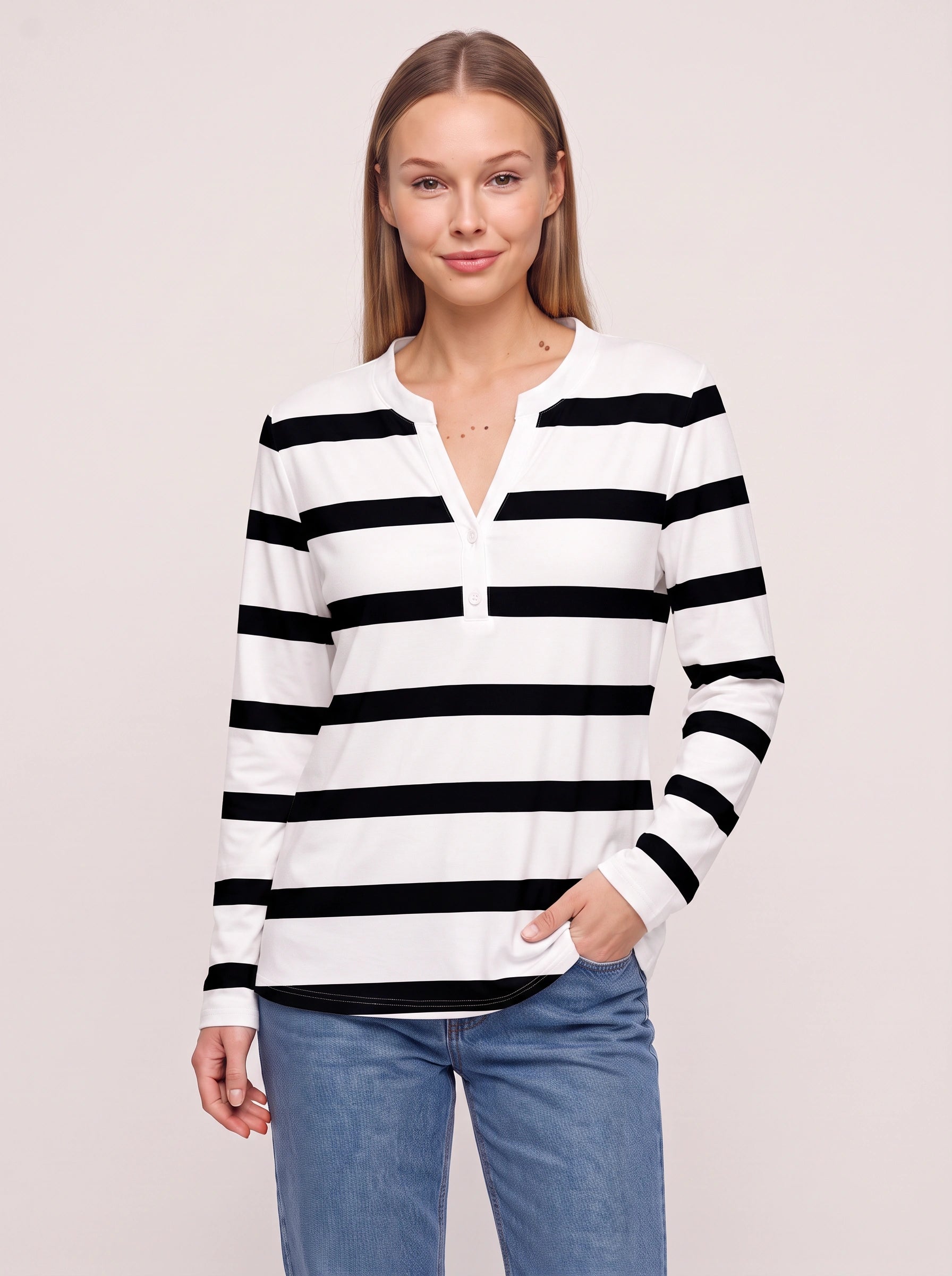 Marinio - Haut rayé à manches longues et col en V pour femme - Haut décontracté à manches longues, style nautique preppy, avec boutons façon Henley