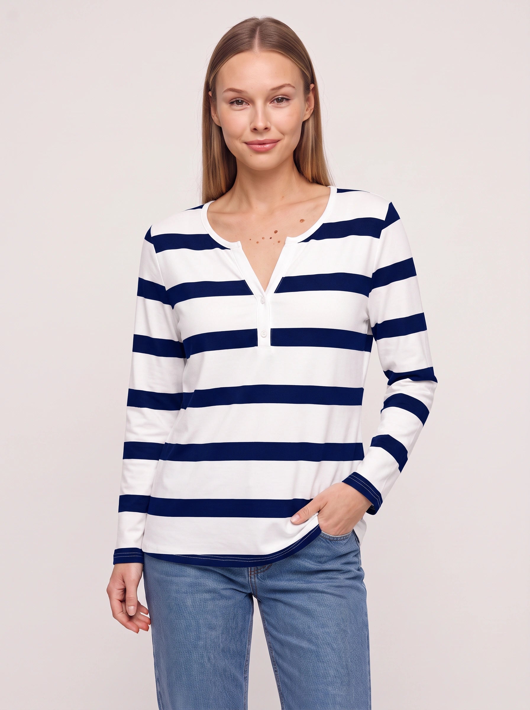 Marinio - Haut rayé à manches longues et col en V pour femme - Haut décontracté à manches longues, style nautique preppy, avec boutons façon Henley