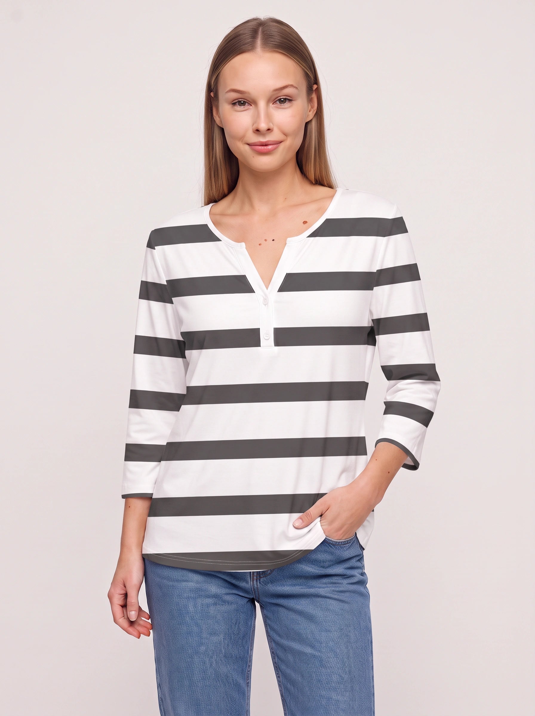 Marinio - Haut rayé à manches longues et col en V pour femme - Haut décontracté à manches longues, style nautique preppy, avec boutons façon Henley