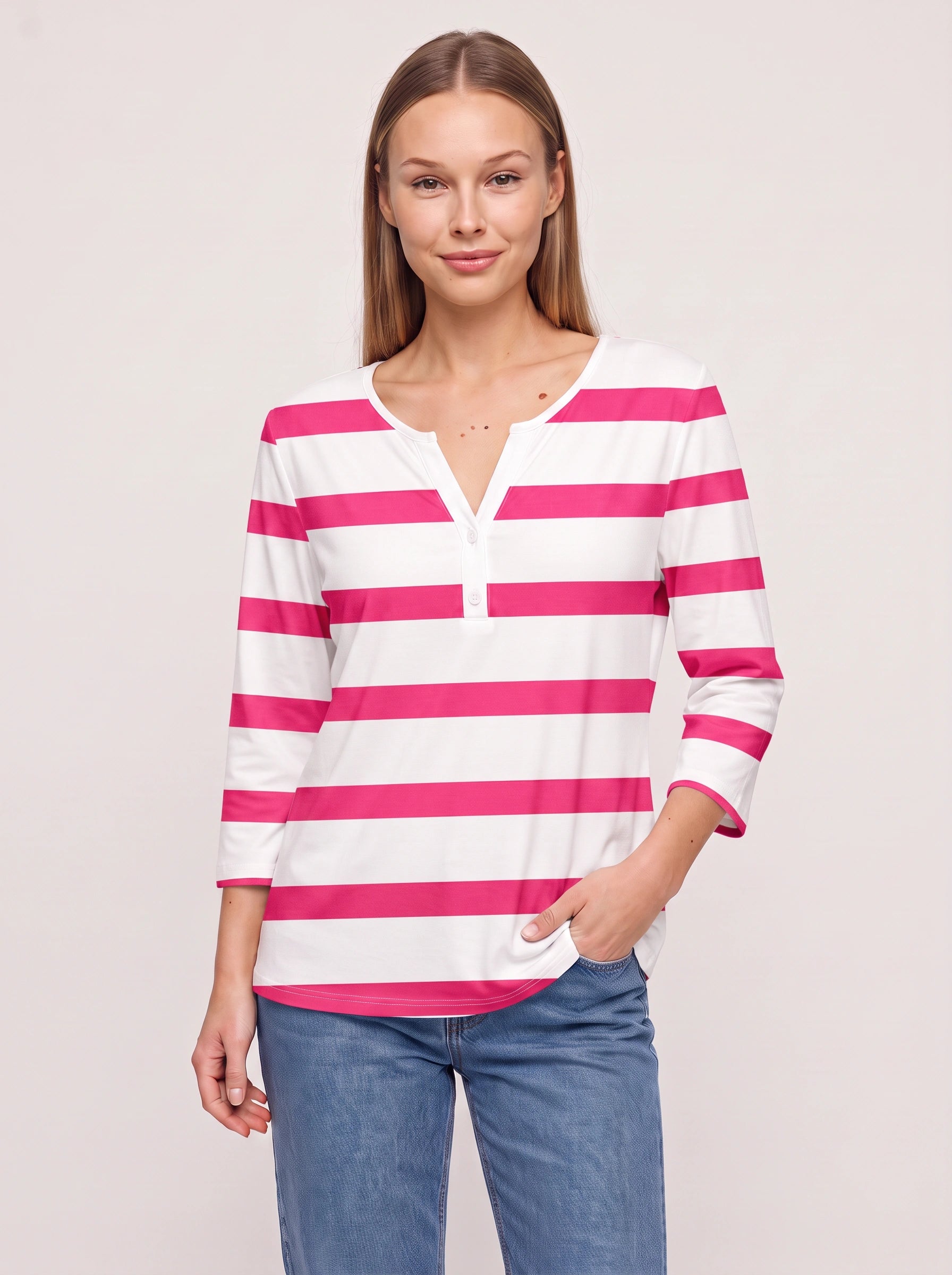 Marinio - Haut rayé à manches longues et col en V pour femme - Haut décontracté à manches longues, style nautique preppy, avec boutons façon Henley