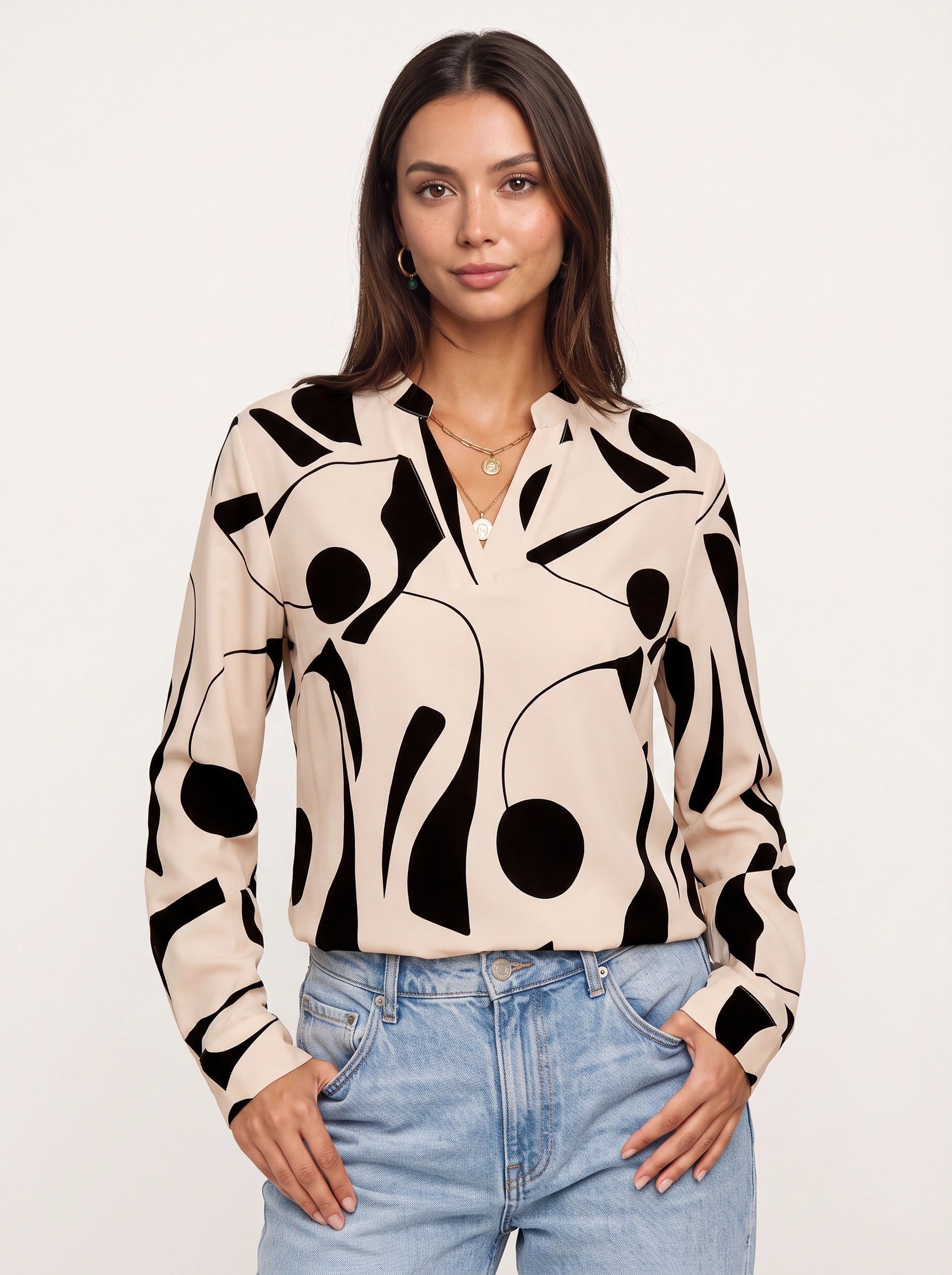 Grafiora - Chemise oversize à imprimé abstrait - Blouse boutonnée à col et manches longues pour femme, idéale en automne