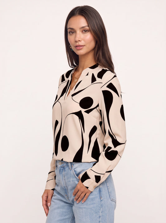 Grafiora - Chemise oversize à imprimé abstrait - Blouse boutonnée à col et manches longues pour femme, idéale en automne